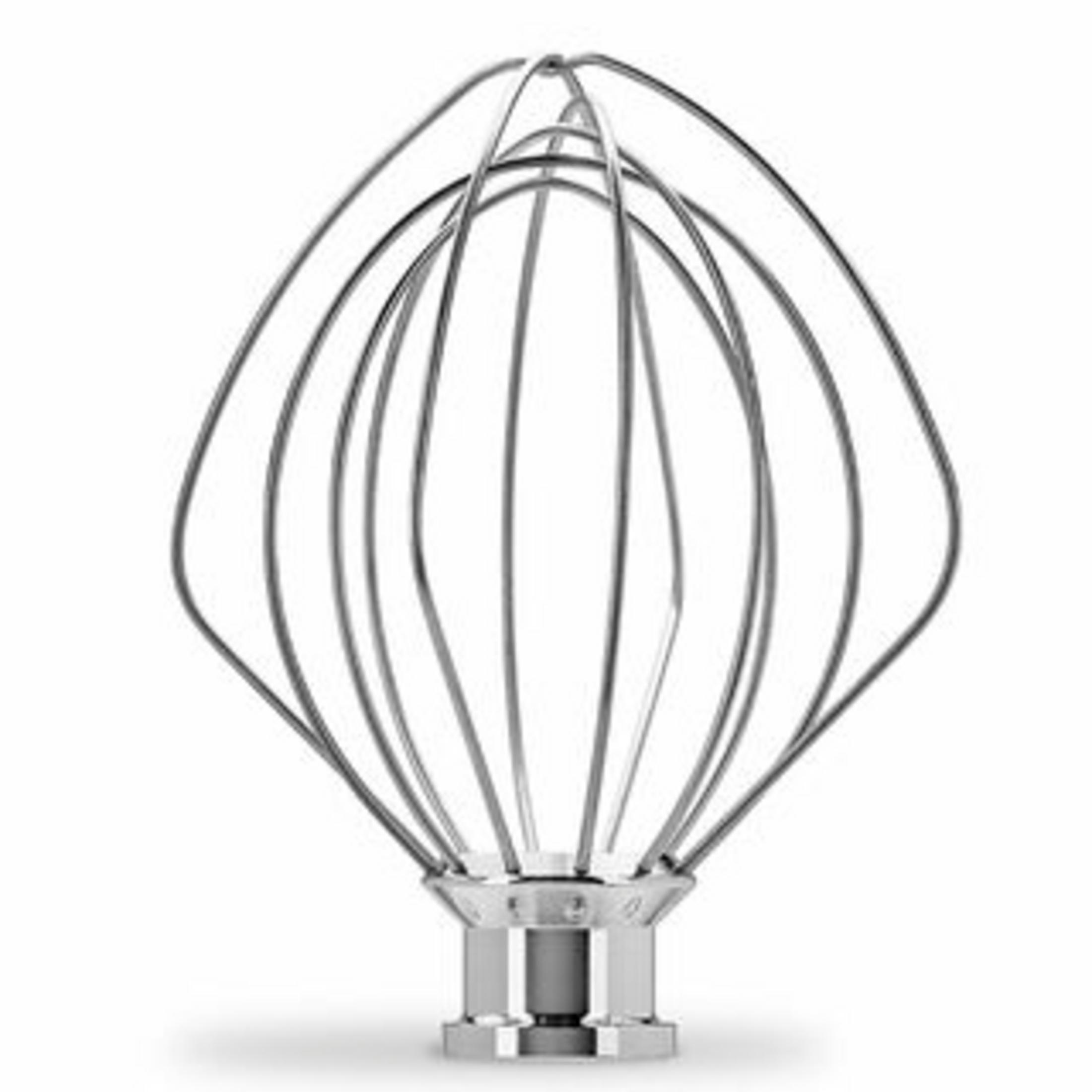 Trzepaczka ze stali nierdzewnej do miksera. Ma kilka pętli drucianych przymocowanych do centralnego piasty.