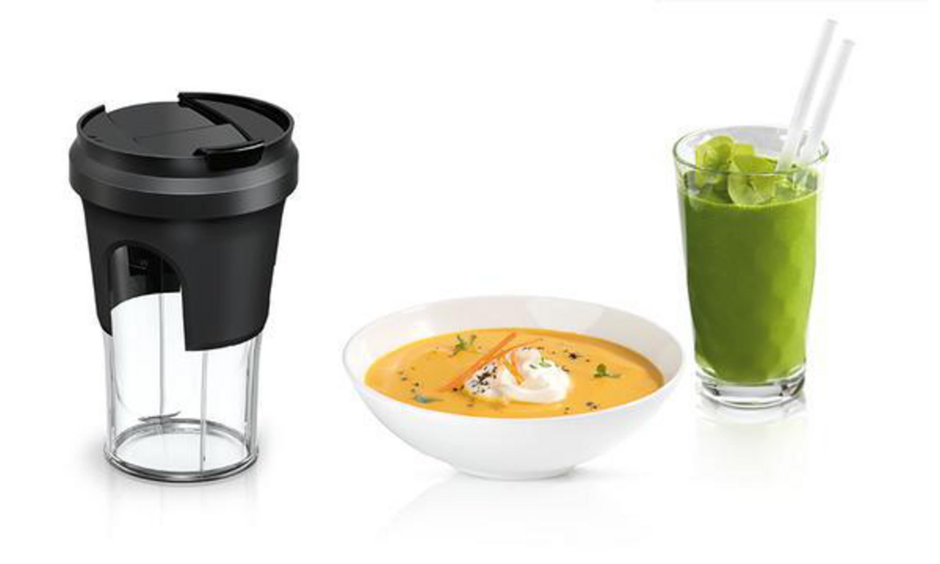 Licuadora, sopa y batido. La licuadora es negra. La sopa tiene crema. El batido es verde.