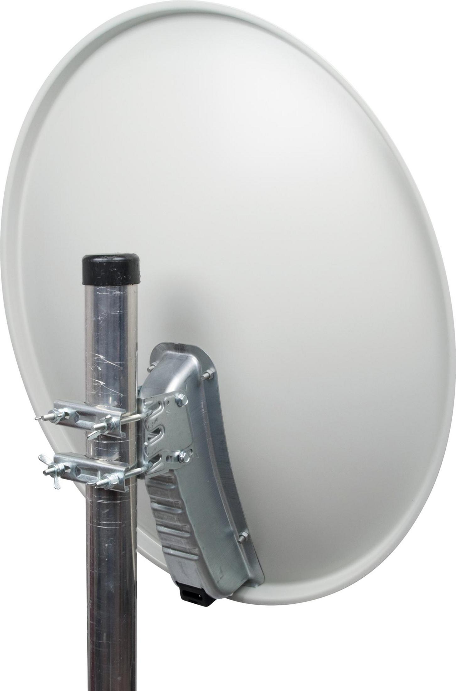 Eine weiße Satellitenschüssel-Antenne mit Metallhalterung, vor weißem Hintergrund.