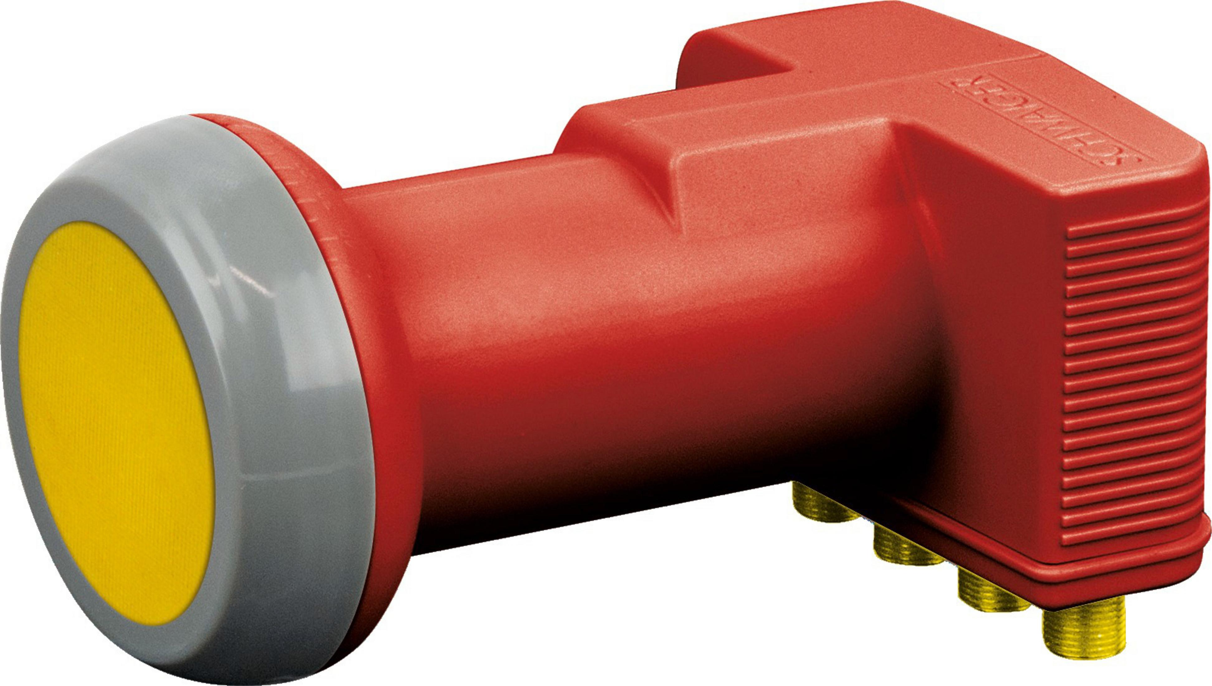 Rotes LNB mit grauem Vorderteil und drei Ausgangsanschlüssen, freigestellt.