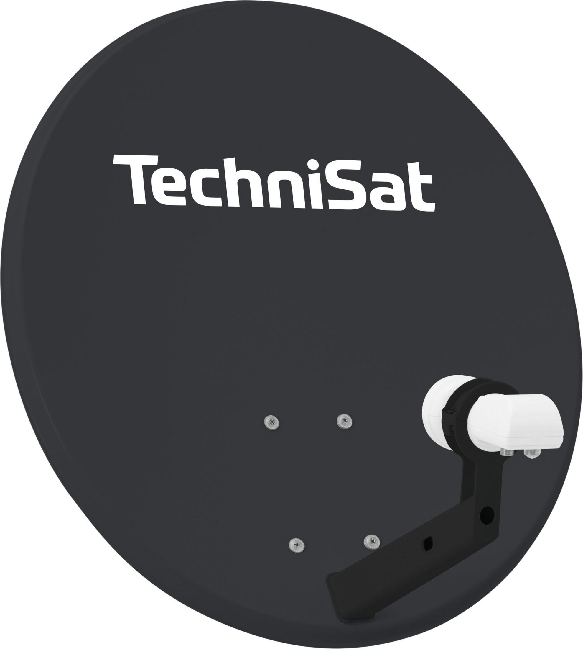 Schwarze Satellitenschüssel mit weißem Logo und Arm, weißer Hintergrund.