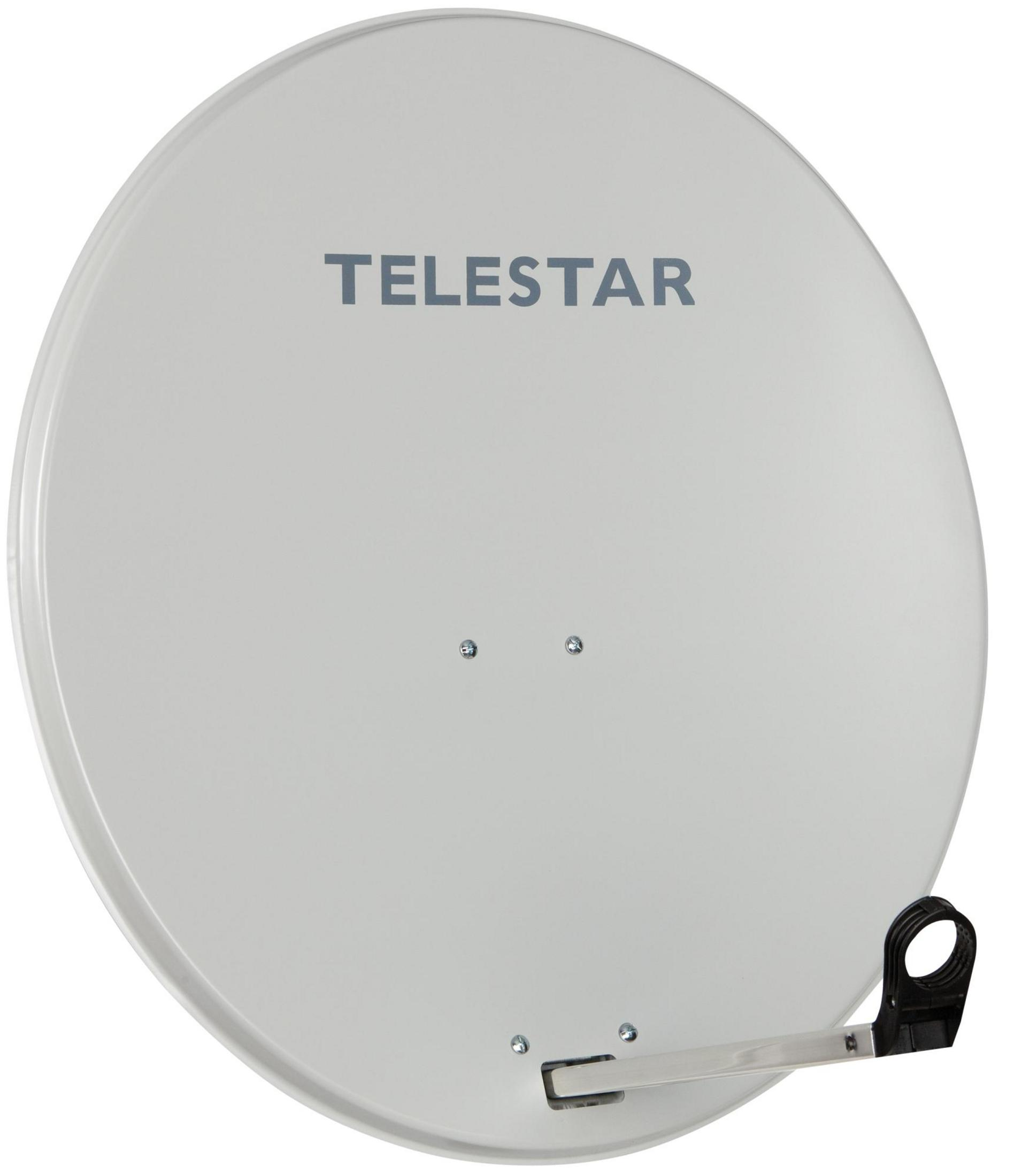Weiße Satellitenschüssel mit dem Text 'TELESTAR'. Schwarzer Arm und Halterung. Weißer Hintergrund.
