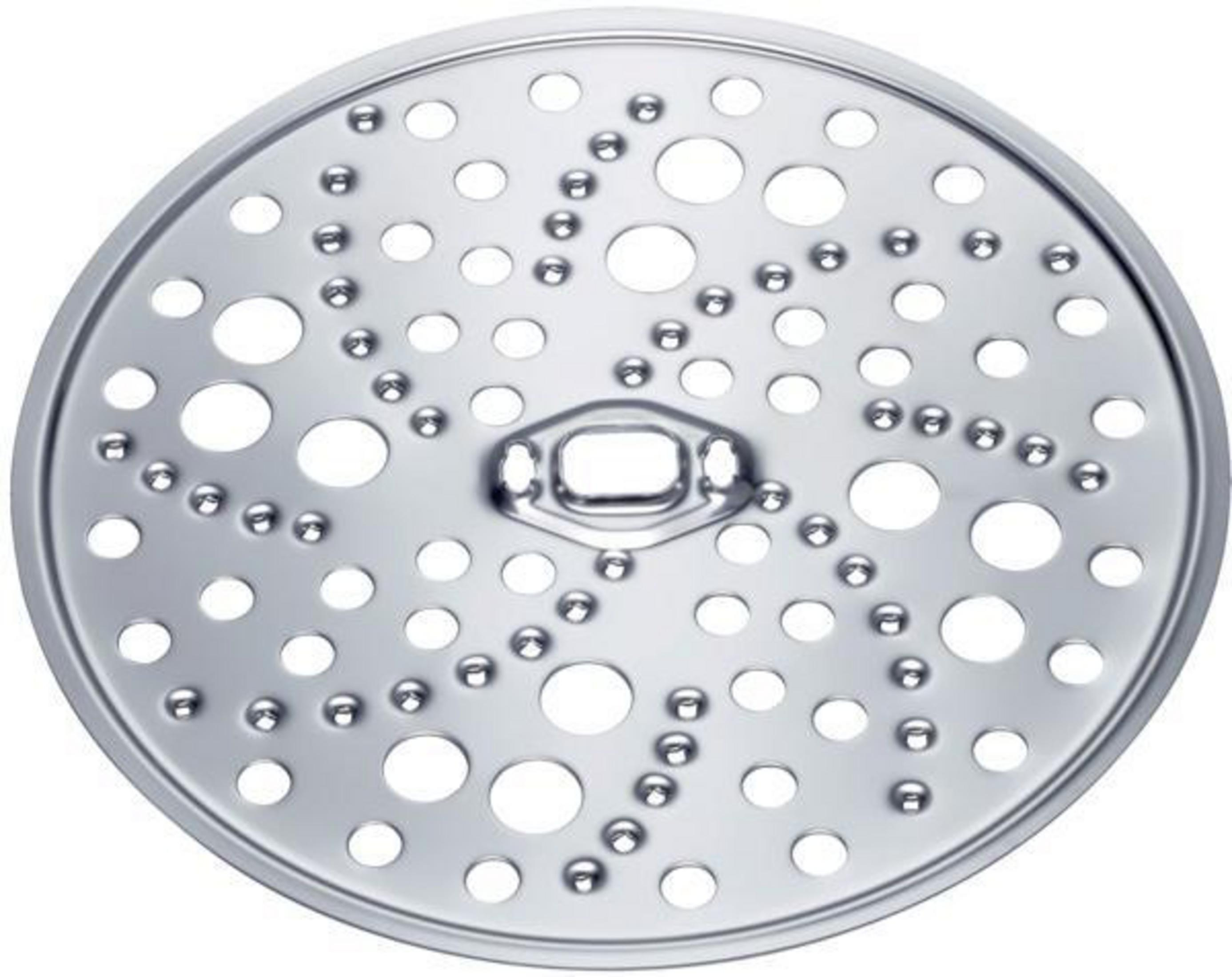 Okrągłe ostrze ze stali nierdzewnej do robota kuchennego z licznymi otworami i centralną piastą.