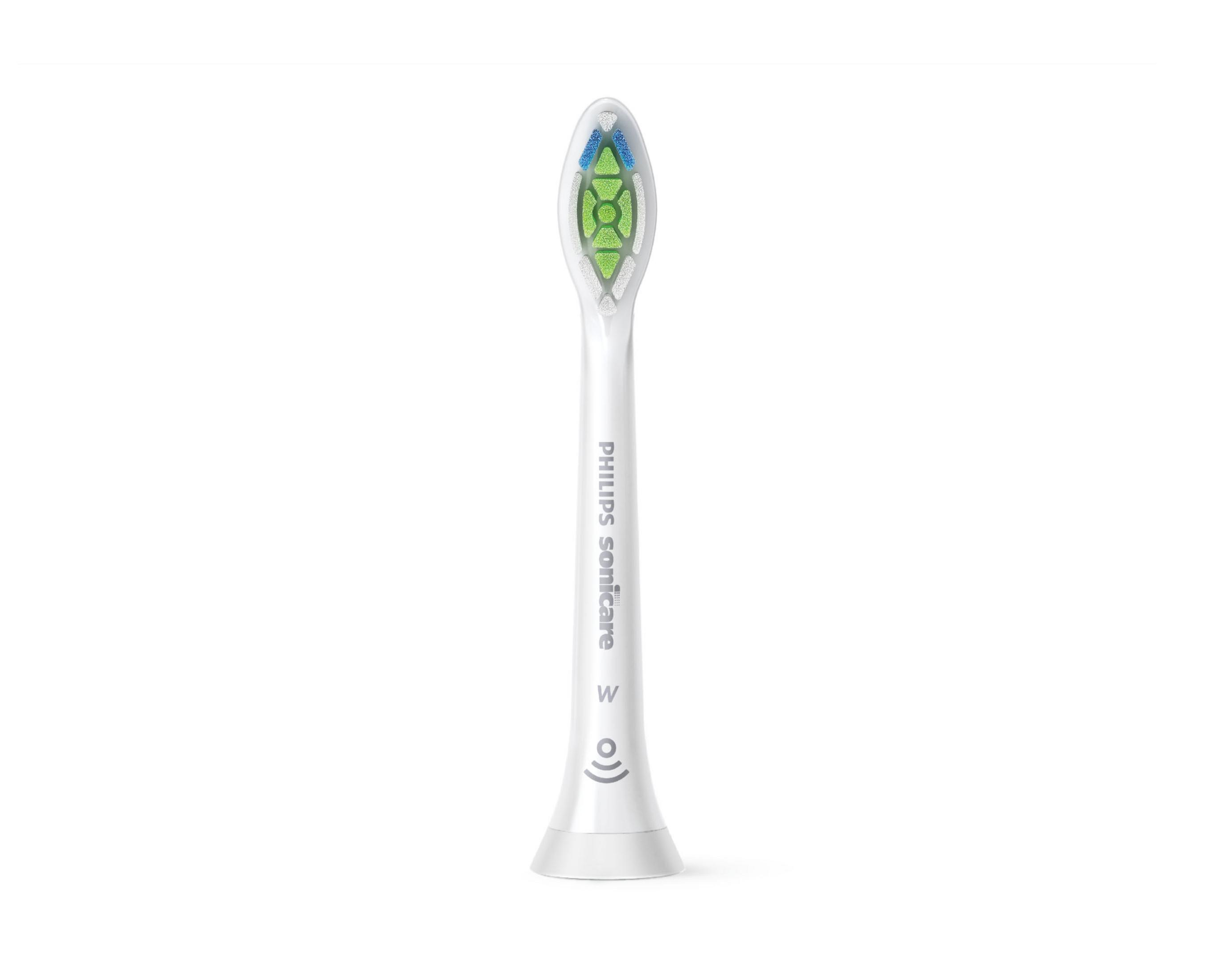 Główka szczoteczki Philips Sonicare, biała z zielonym i niebieskim włosiem, na białym tle.