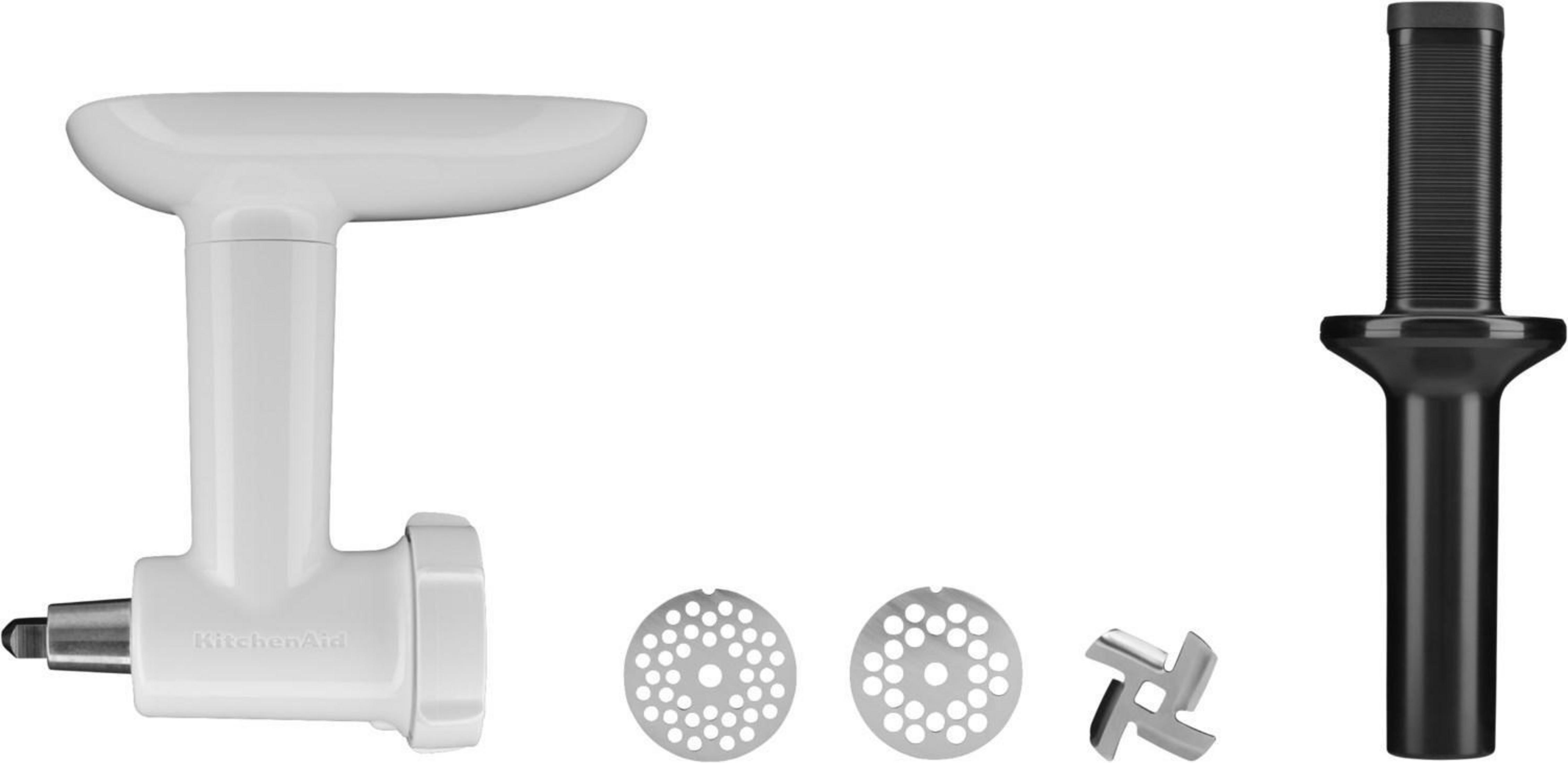 KitchenAid Fleischwolf-Teile: Mahlkopf, Messer und ein schwarzer Griff. Weißer Hintergrund.