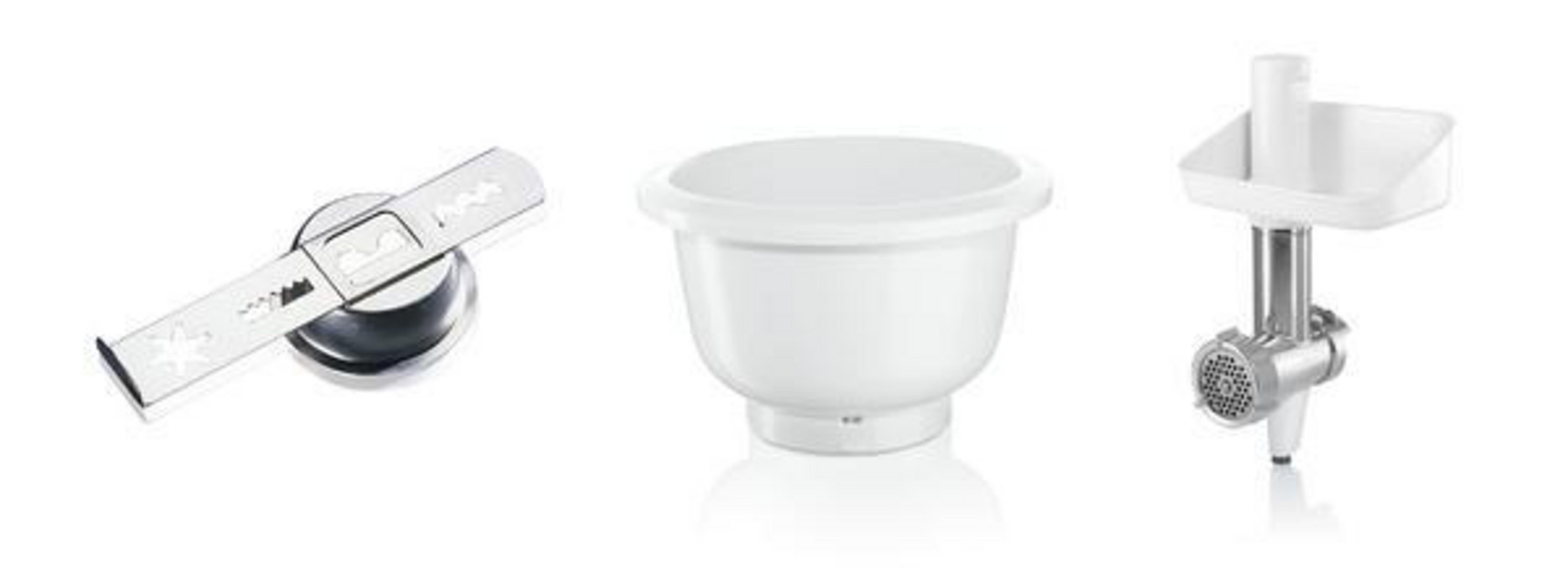 Varios accesorios de cocina blancos, incluyendo un rallador, un bol y un accesorio para picar carne.