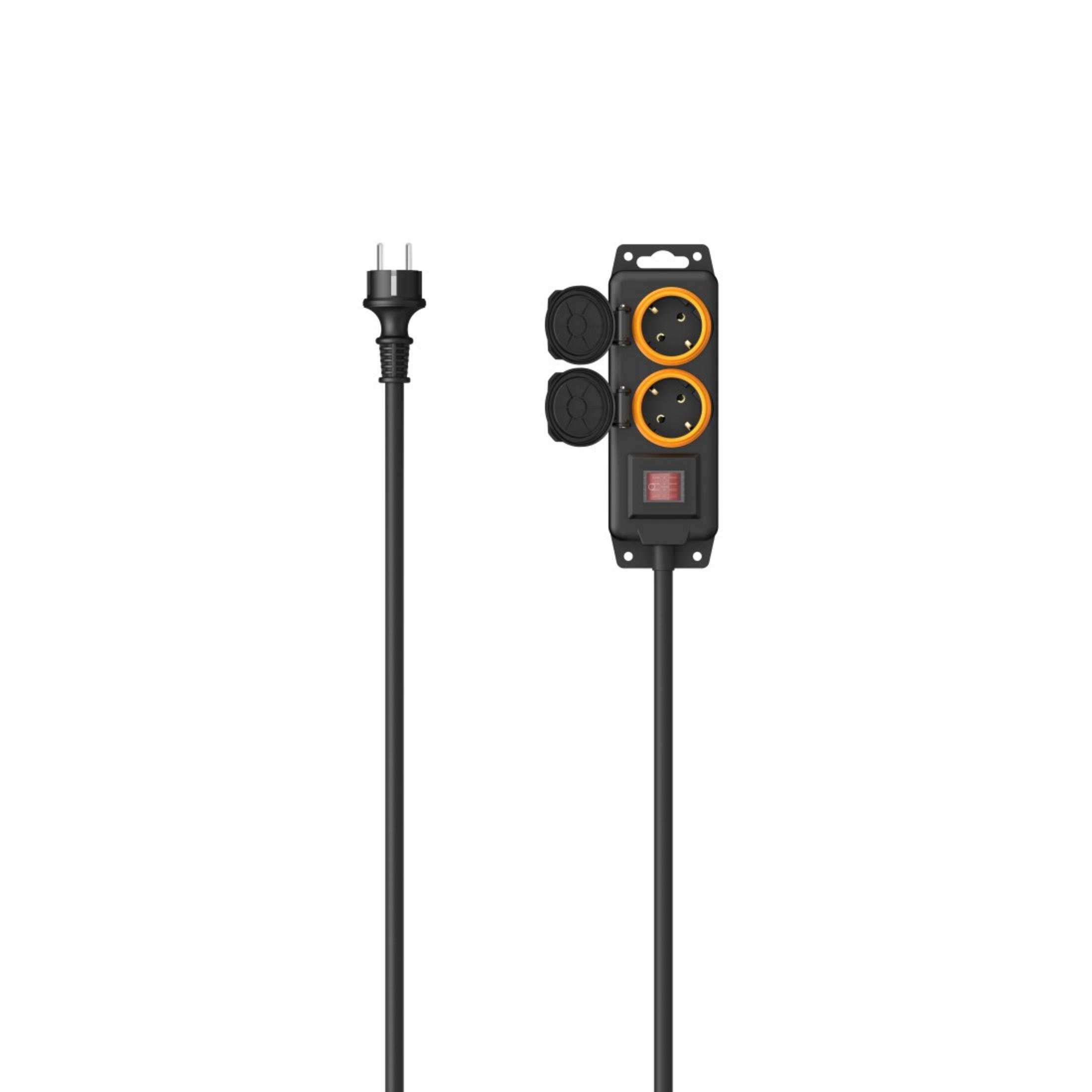 Czarna listwa zasilająca z dwoma gniazdami, przełącznikiem i długim czarnym przewodem.