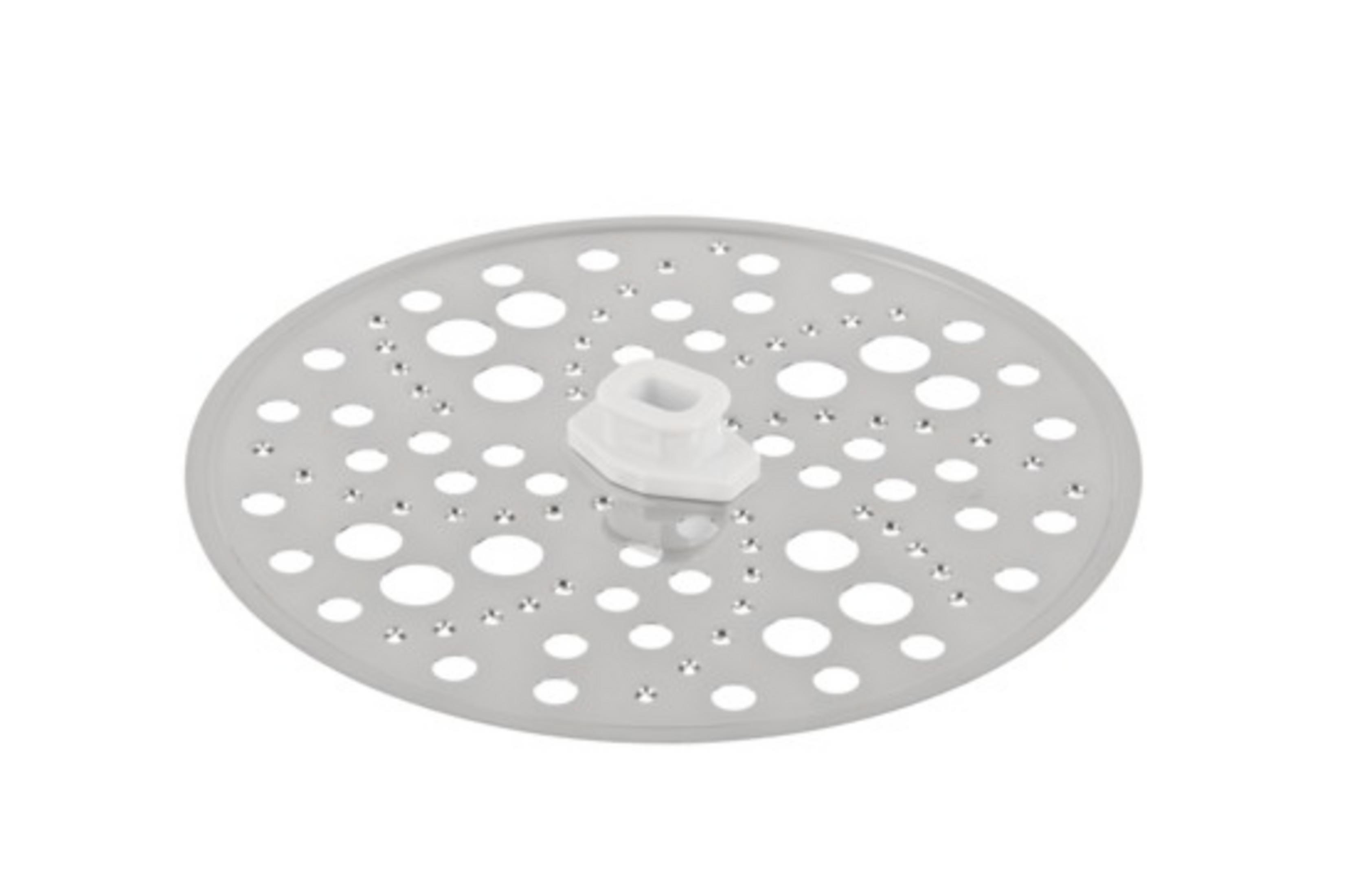 Ein silbernes, rundes, perforiertes Küchenutensil mit weißem Mittelteil.