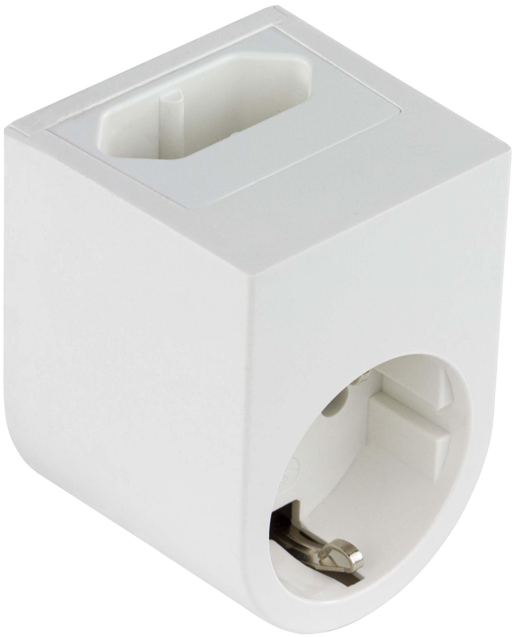 Un adattatore bianco a forma di cubo con una presa su un lato. Ha un'apertura circolare.