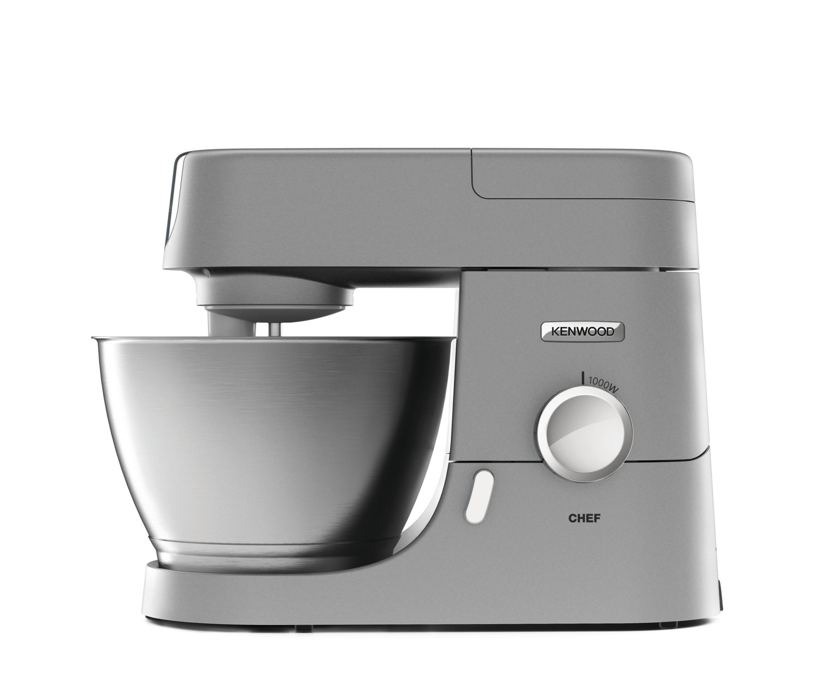 Robot da cucina grigio. Modello Kenwood Chef. Ciotola in acciaio inossidabile a sinistra.