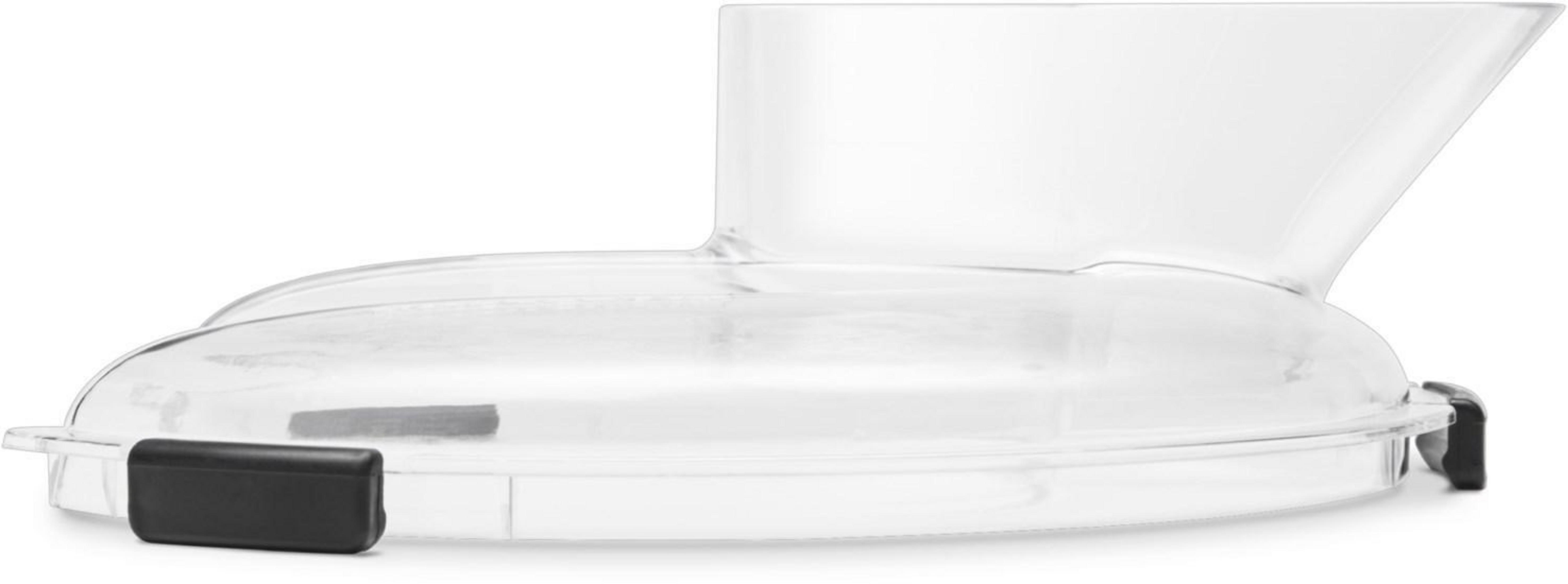 Transparenter Kunststoffdeckel mit trichterförmigem Ausguss und schwarzen Laschen.