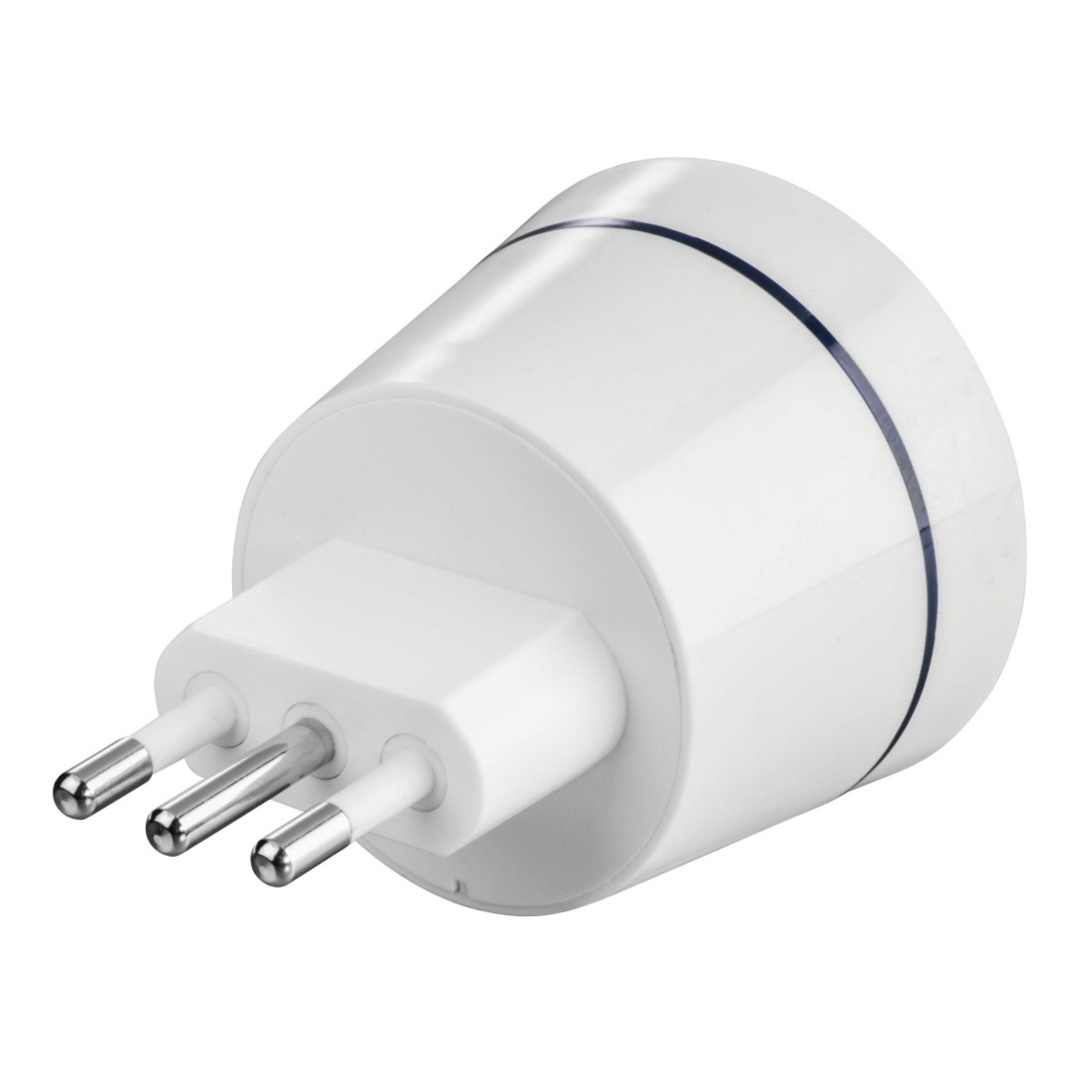 Weißer Adapter mit drei Stiften, silberner Umrandung und konischer Form.