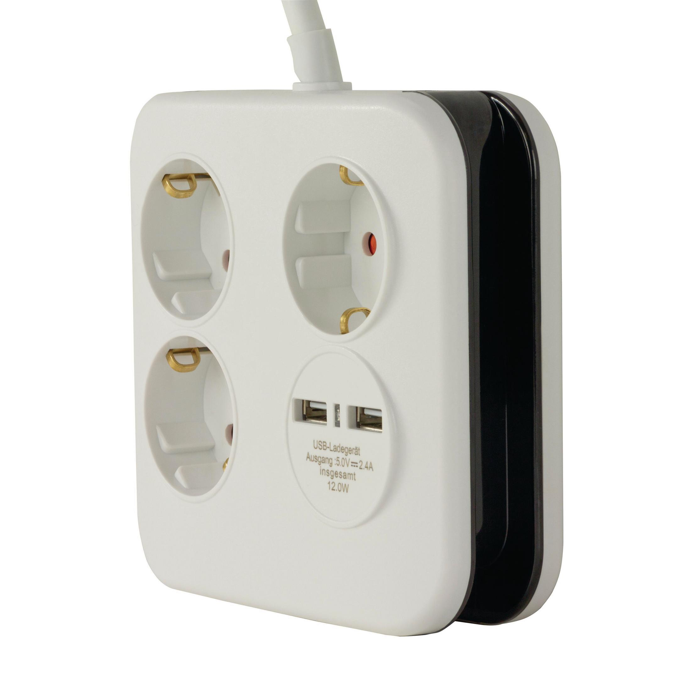 Una ciabatta bianca con quattro prese e due porte USB e un bordo nero.