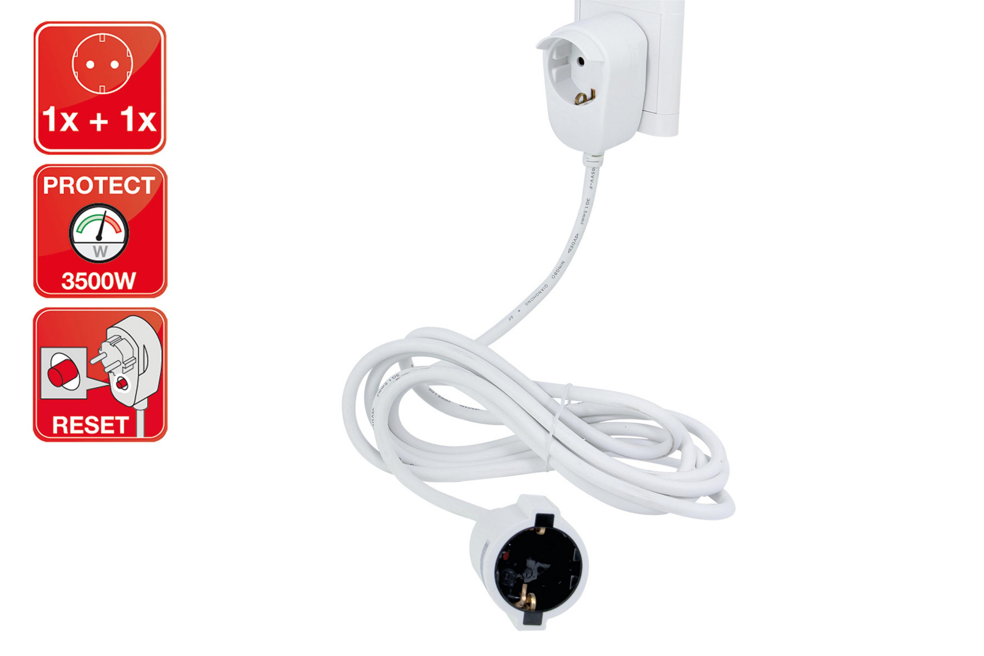 Weißes Verlängerungskabel mit drei Symbolen. Eines ist ein Stecker, ein anderes ein Schutz und das letzte ein Reset.