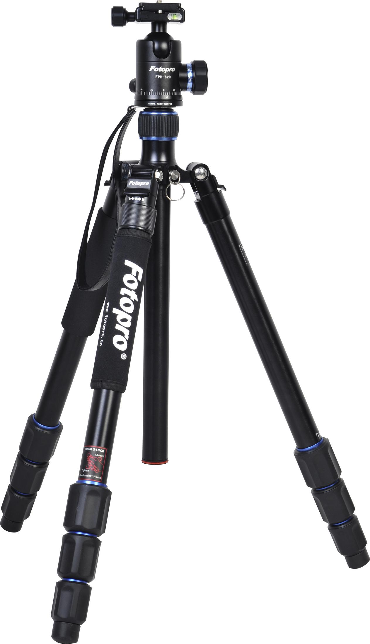 Schwarzes Fotopro-Stativ mit blauen Akzenten und einem Fotopro-Gurt.