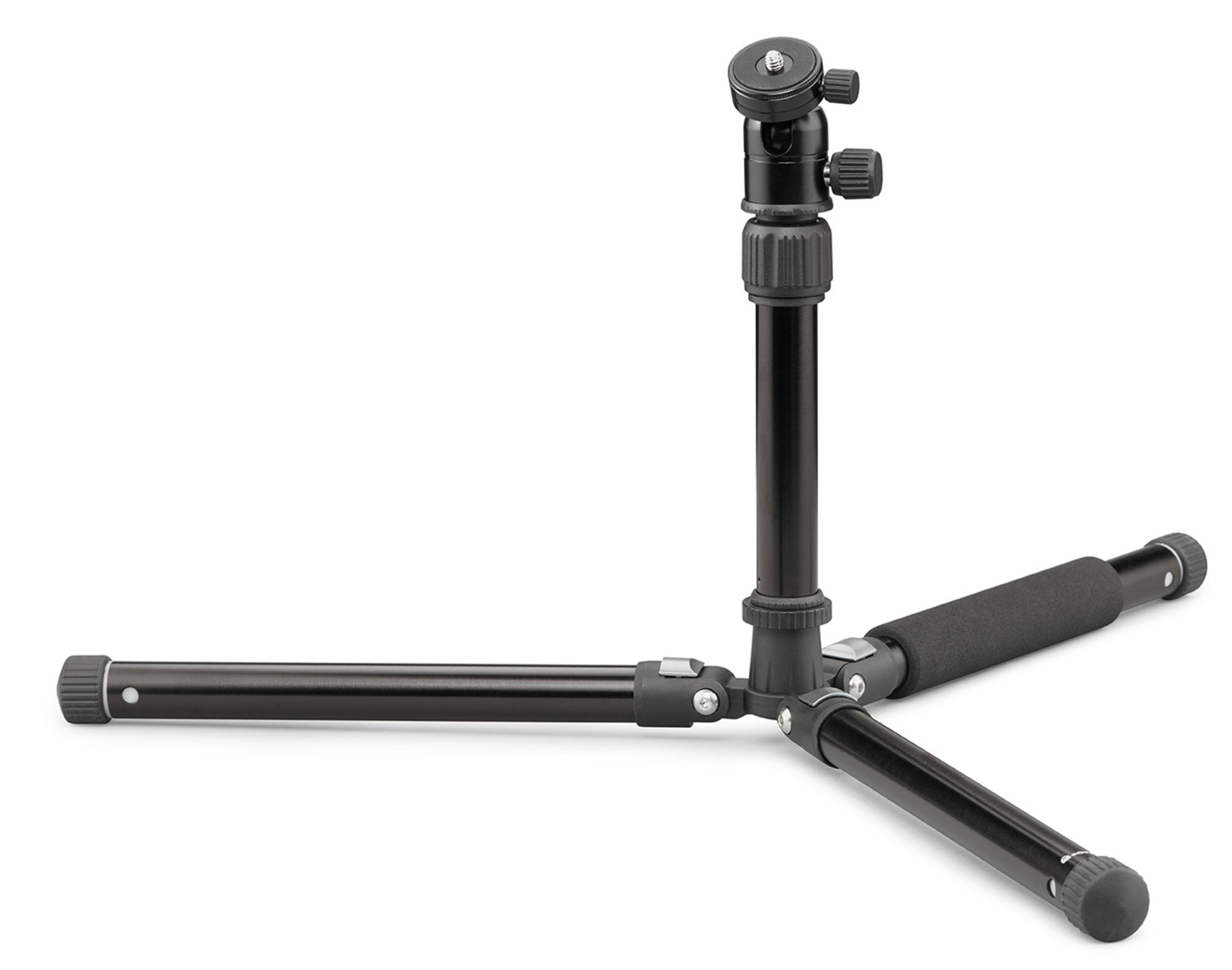 Black tripod with three legs extended and a black head, white background.