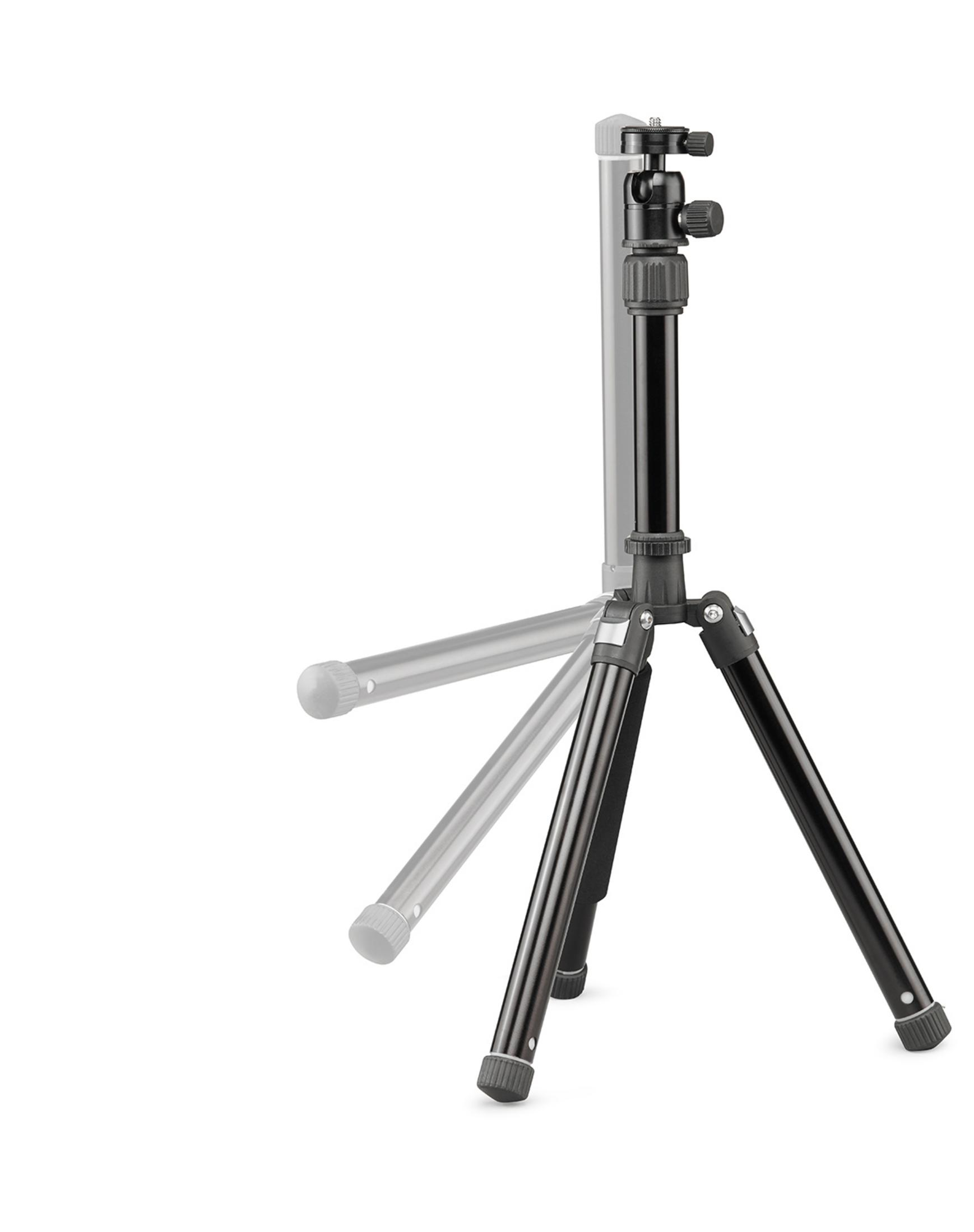 Black tripod with three legs and a camera mount.