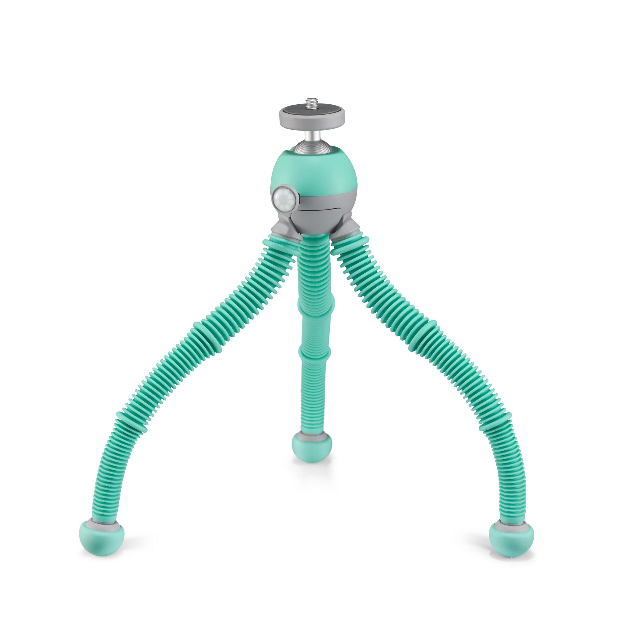 Ein türkisfarbenes Stativ mit flexiblen Beinen auf weißem Hintergrund.