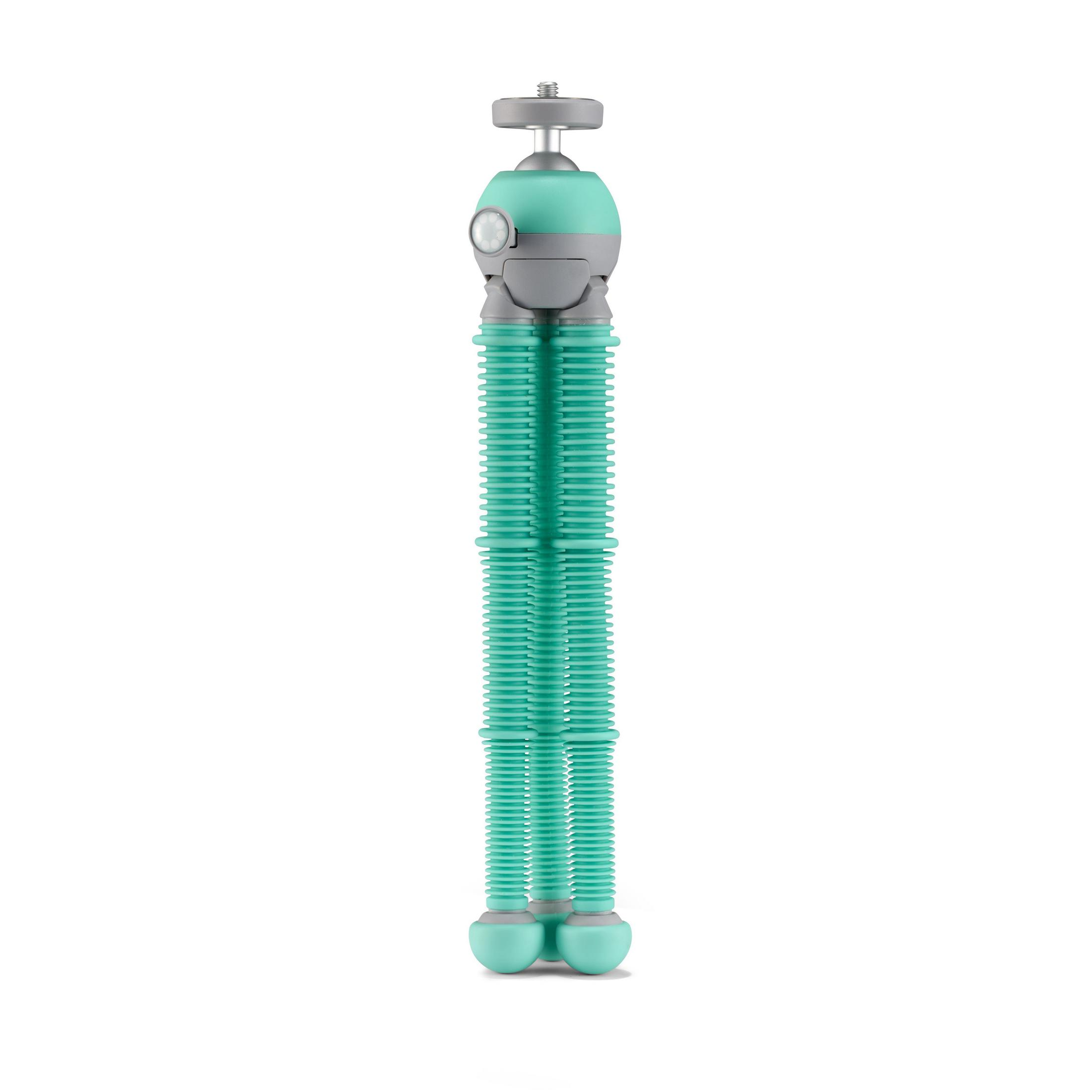 Ein teal-farbenes, flexibles Stativ mit Kugelkopf. Es ist auf weißem Hintergrund.