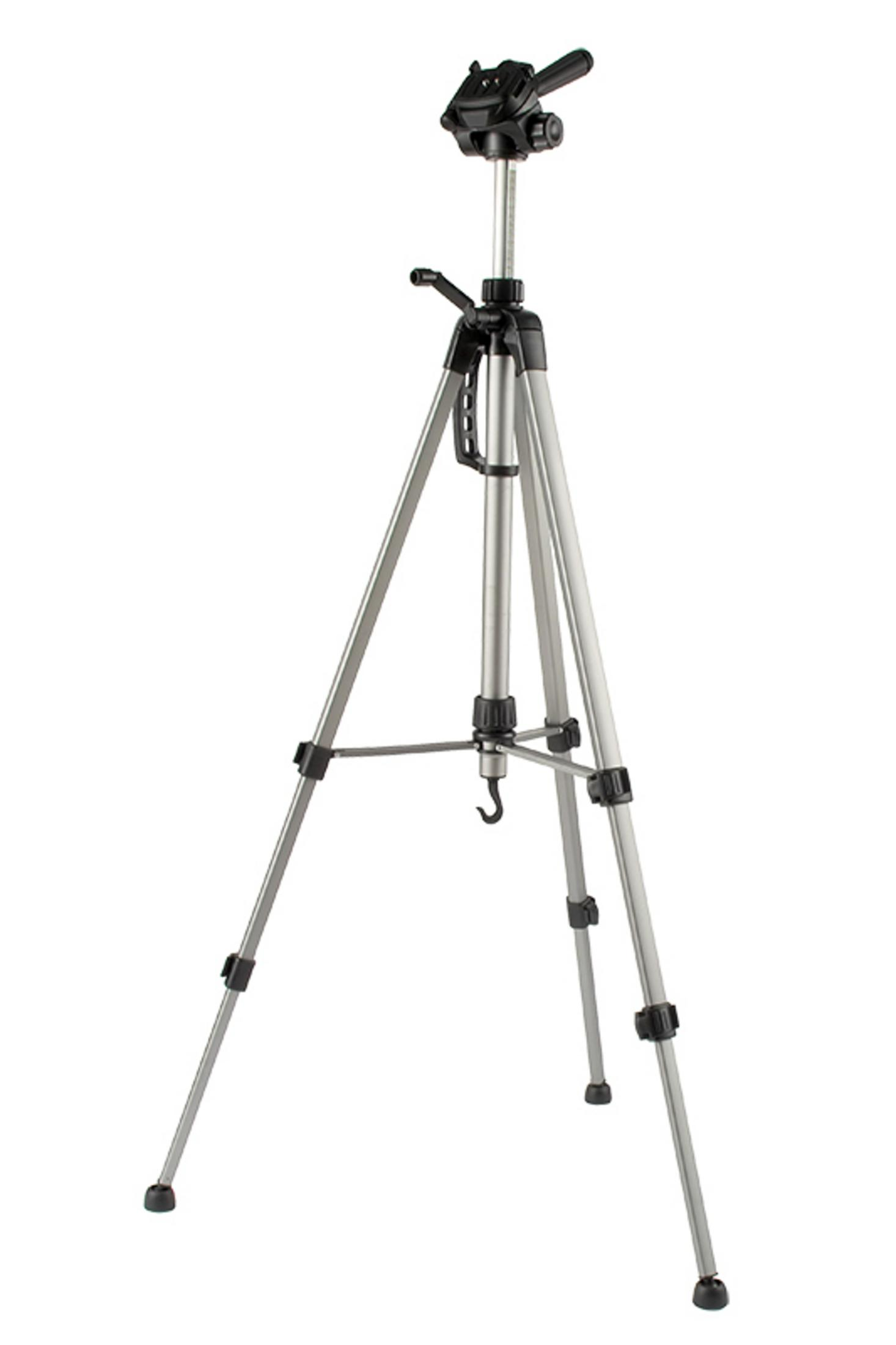 Srebrny statyw z trzema rozłożonymi nogami i mocowaniem kamery u góry.