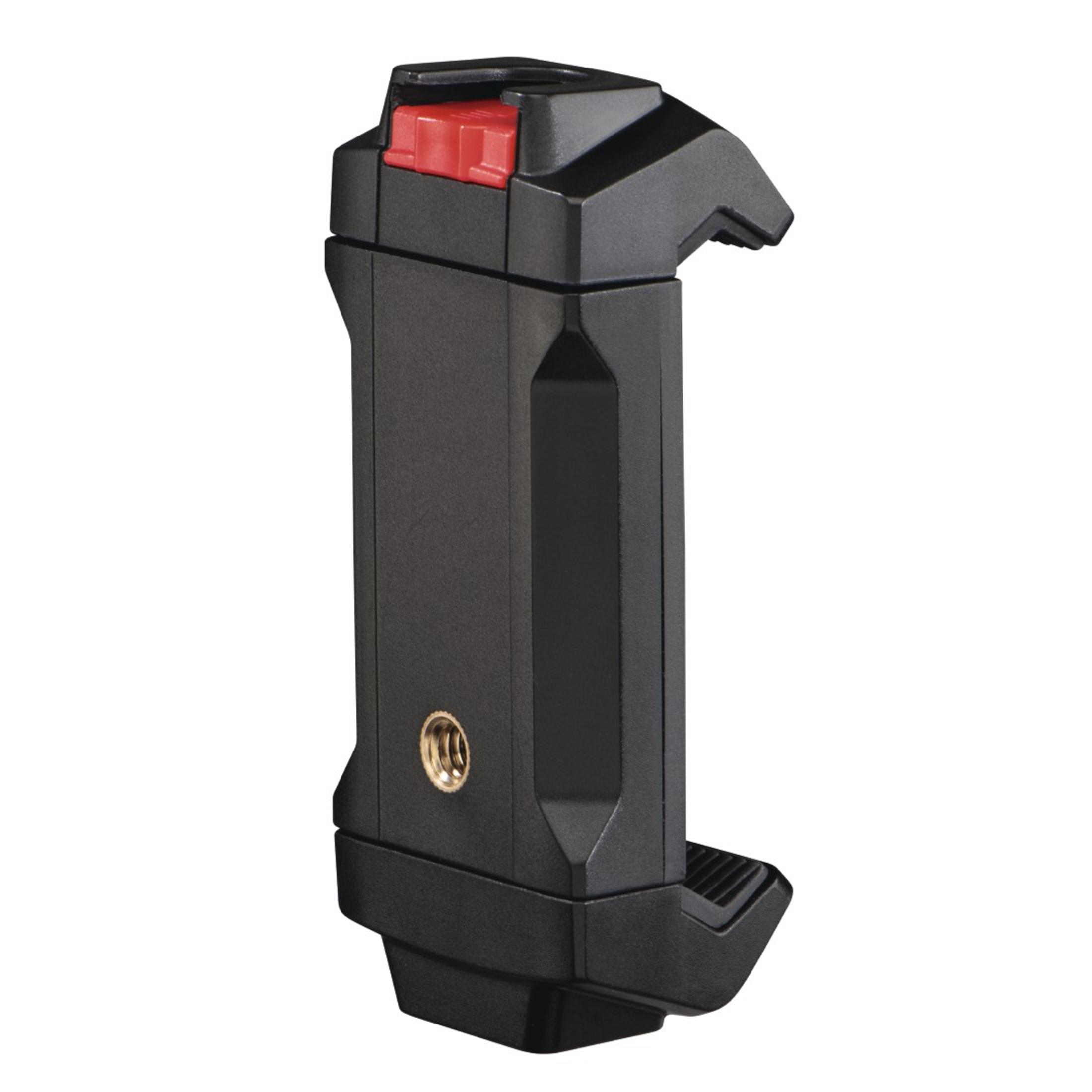 Czarny uchwyt na telefon z czerwonym przyciskiem na górze. Ma otwór na śrubę. Białe tło.