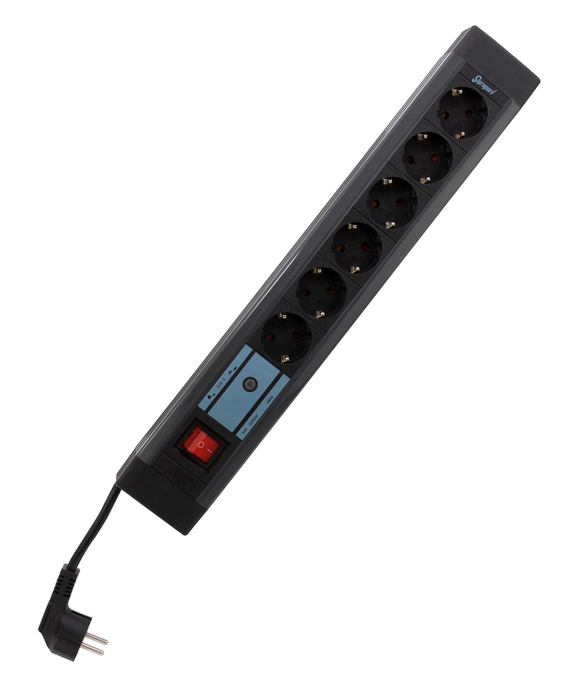 Steckdosenleiste mit 6 Steckdosen. Roter Ein/Aus-Schalter. Schwarzes Gehäuse.