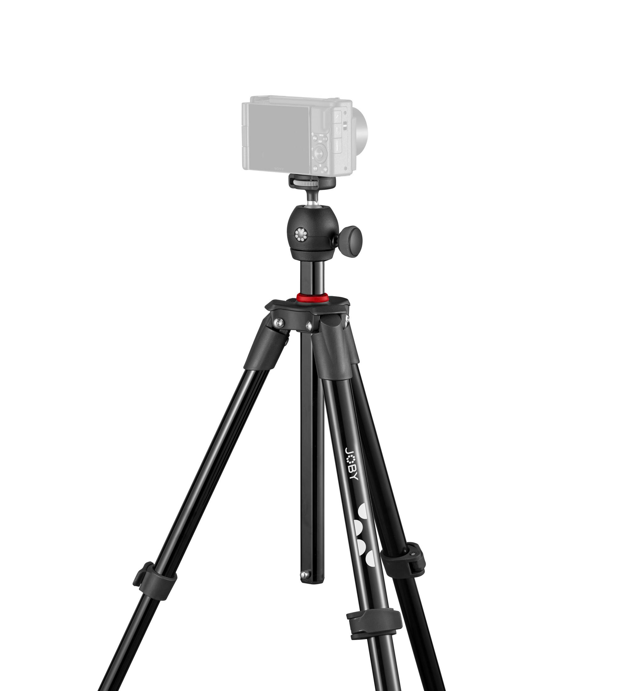 Czarny statyw z zamontowaną kamerą. Nogi rozłożone na białym tle, z logo JOBY.