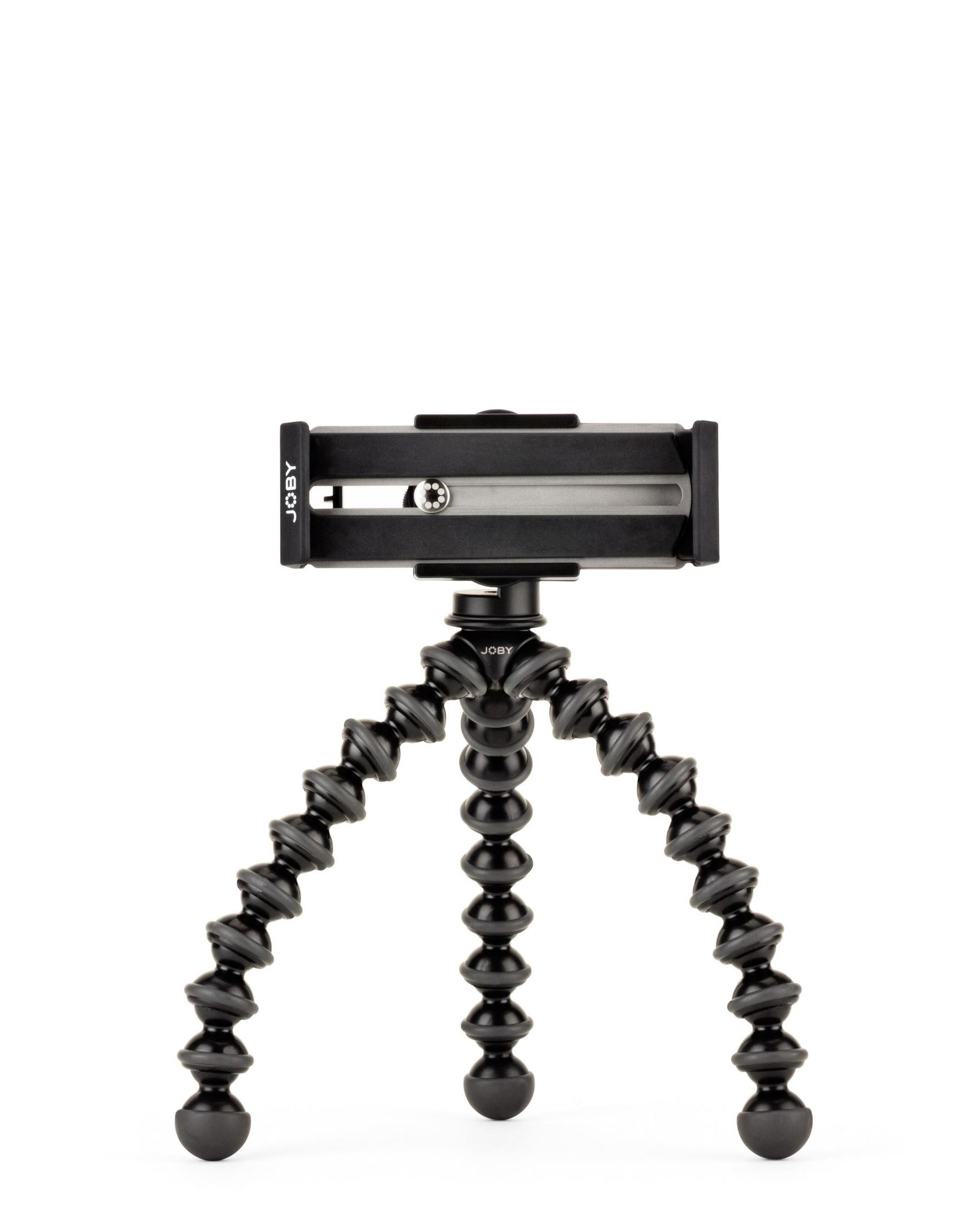 Ein schwarzes und graues, flexibles Stativ für eine Kamera oder ein Telefon. Es hat einen Halter oben.