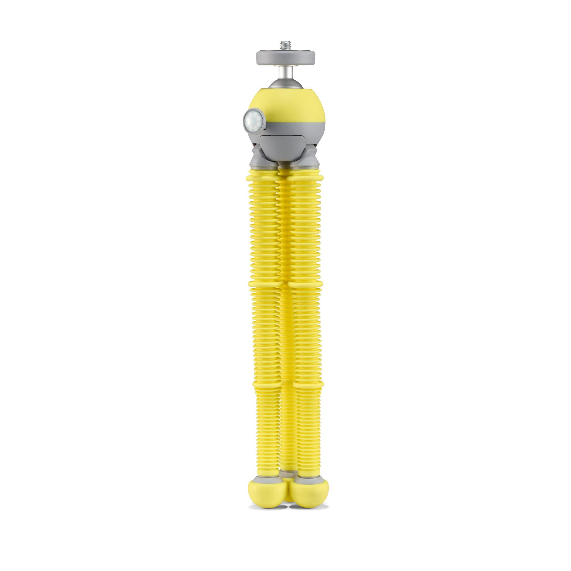Un trípode flexible amarillo y gris. Tiene tres patas y una rótula con una luz.