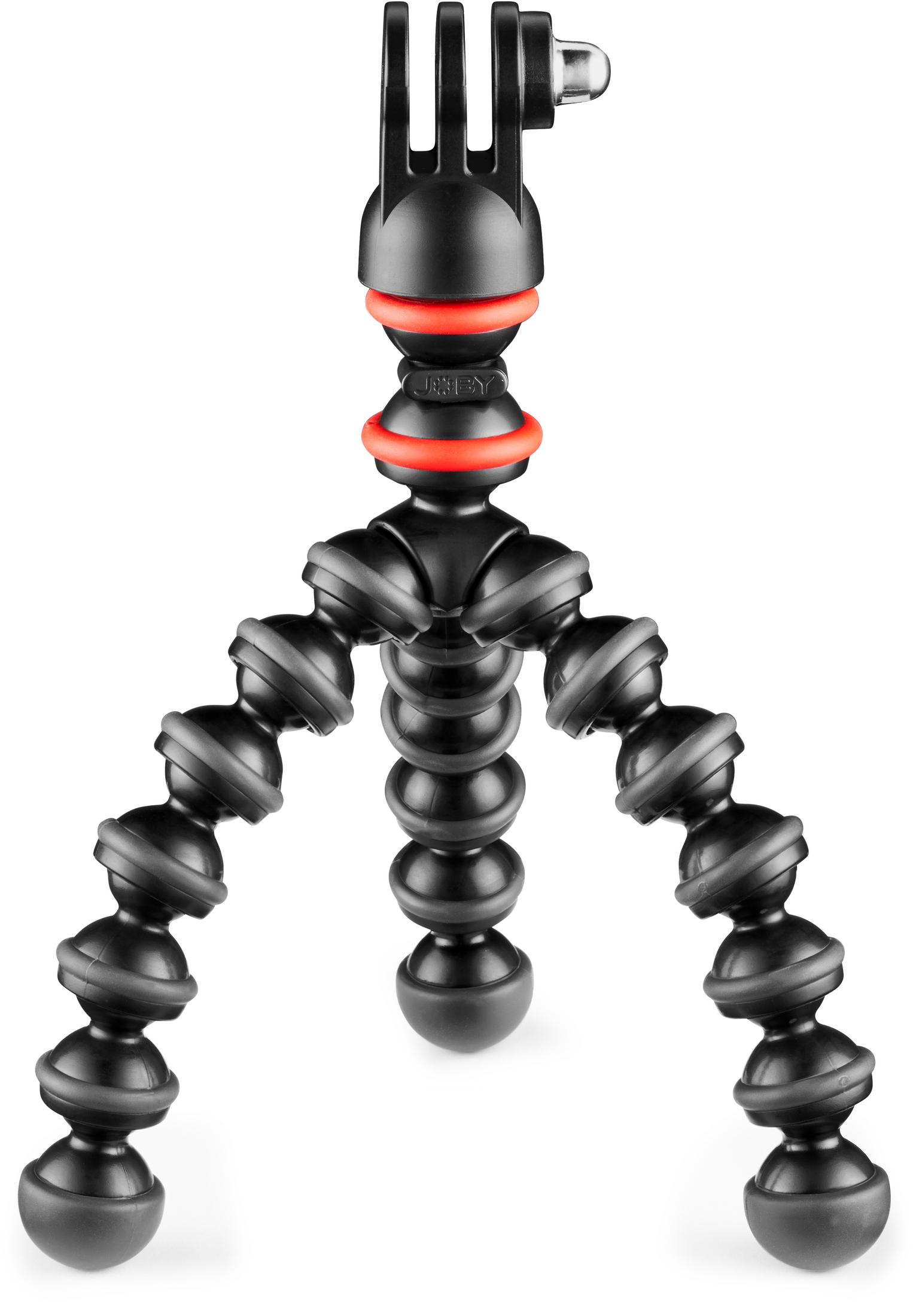Un treppiede nero con gambe flessibili e un supporto per la testa. Il supporto ha un anello rosso.