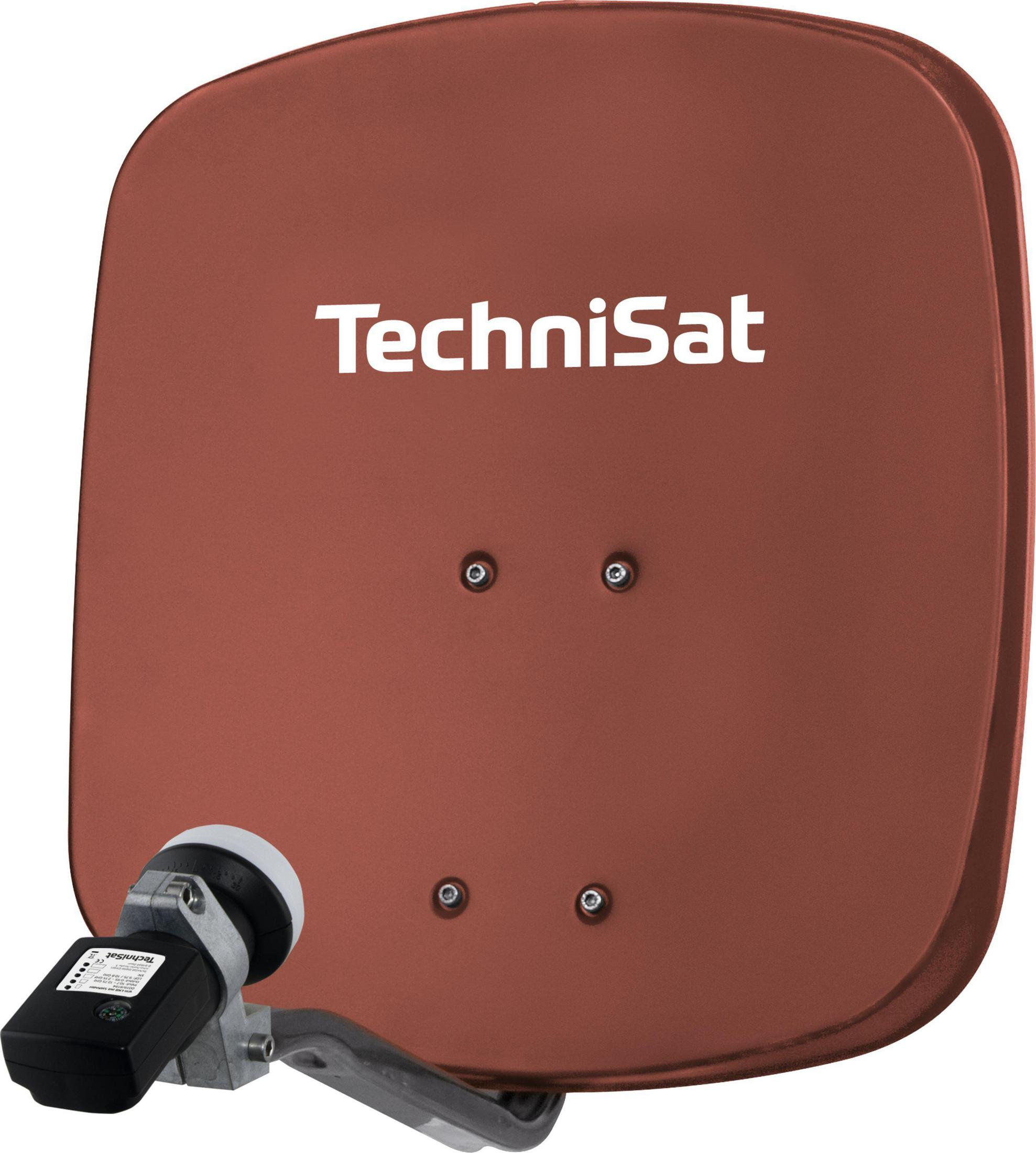 Eine braune TechniSat-Satellitenschüssel mit dem Markennamen in Weiß.
