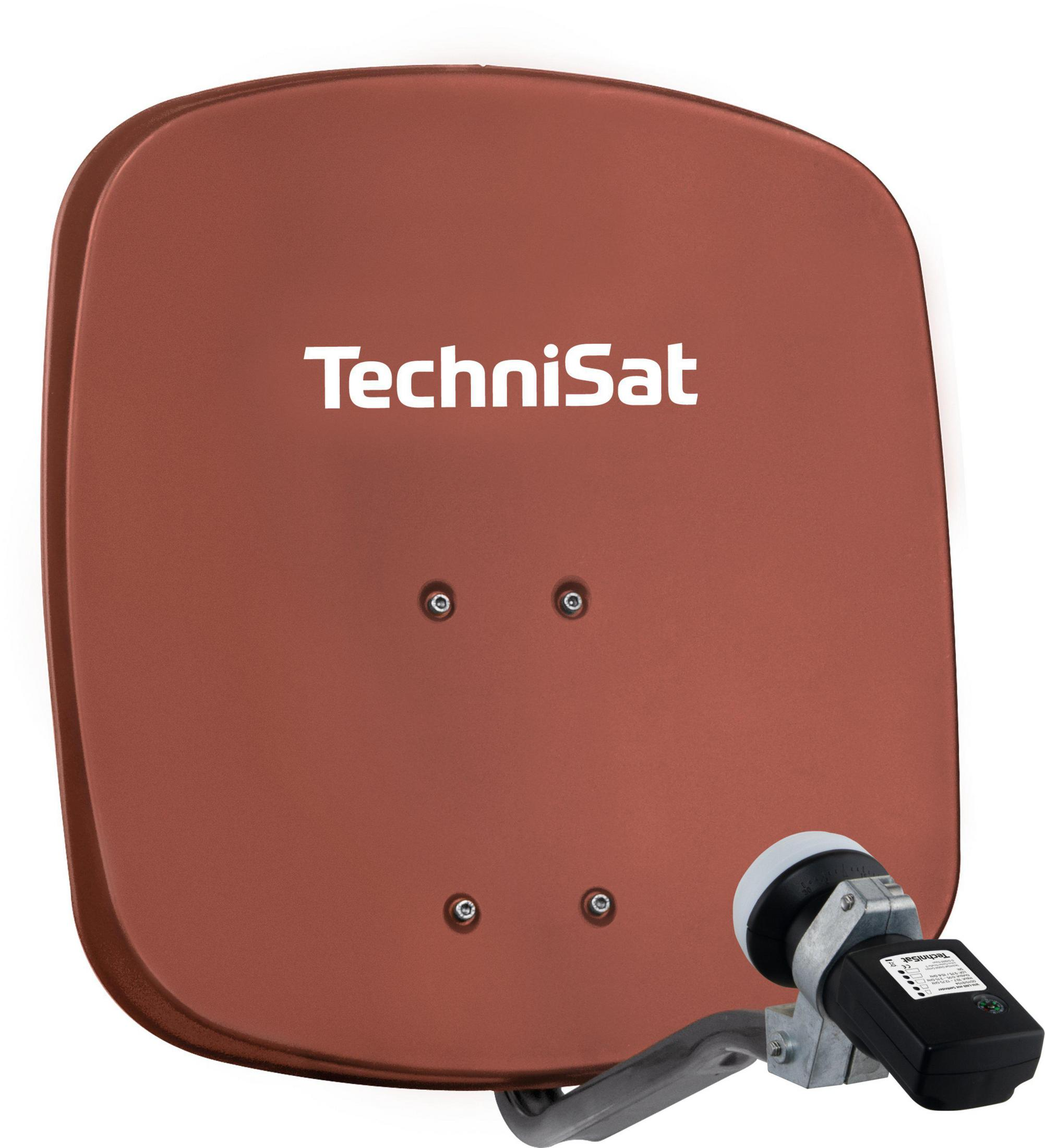 Braune Satellitenschüssel mit TechniSat-Logo, Empfängerarm und LNB.