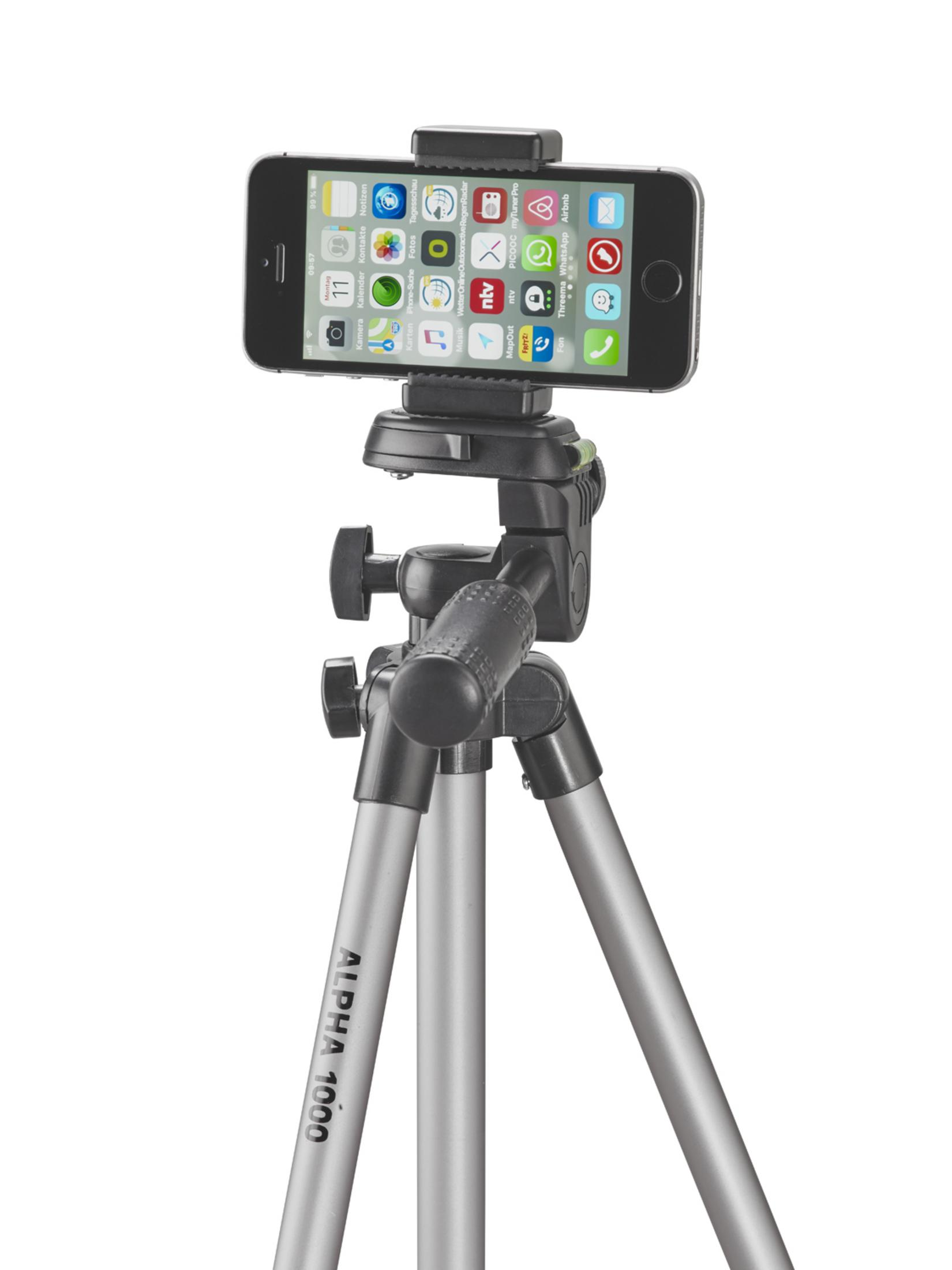 Smartphone montato su treppiede. Schermo visibile, mostra icone delle app. Sfondo bianco.