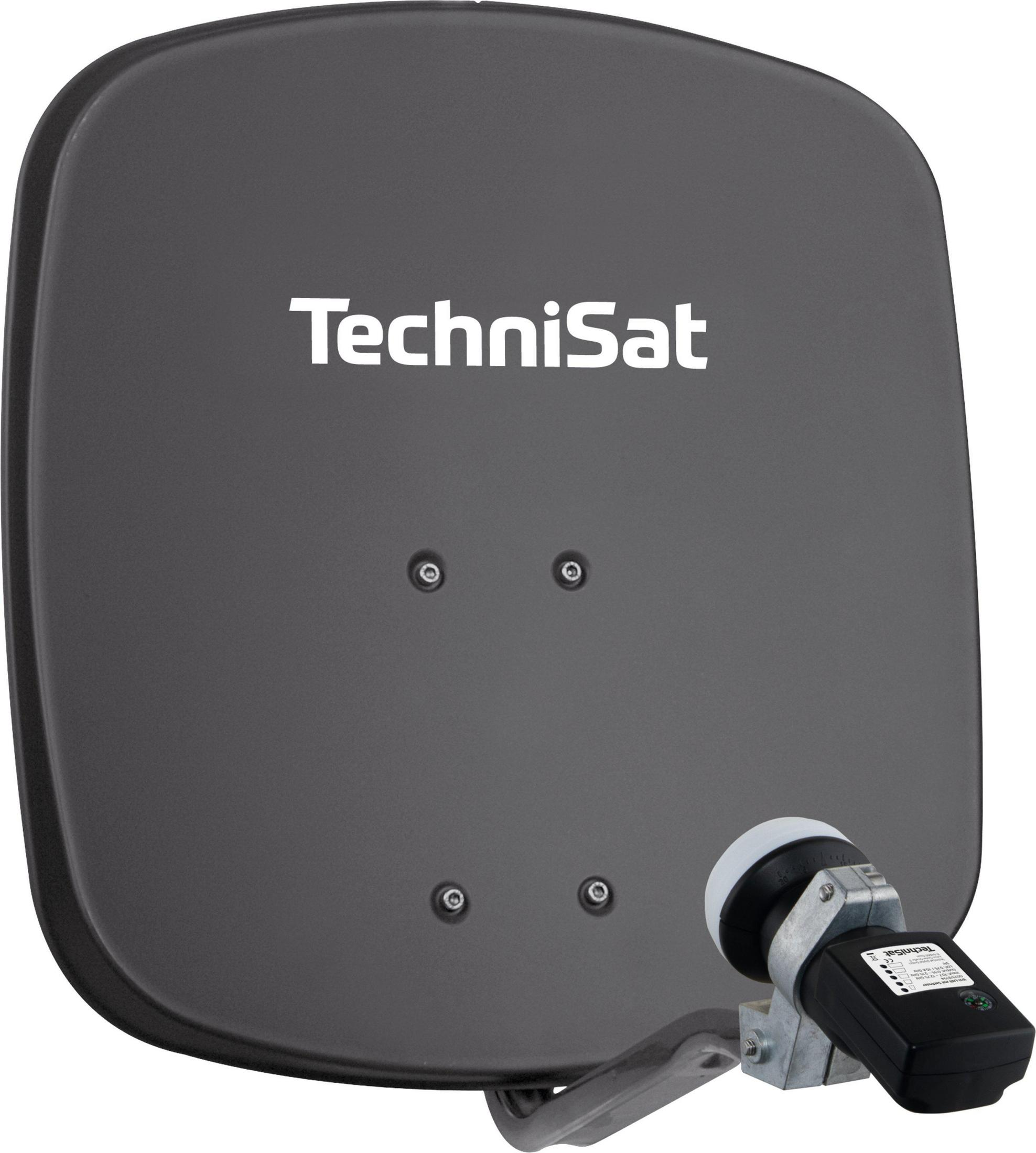 Dunkelgraue Satellitenschüssel mit TechniSat-Logo und schwarzem LNB.