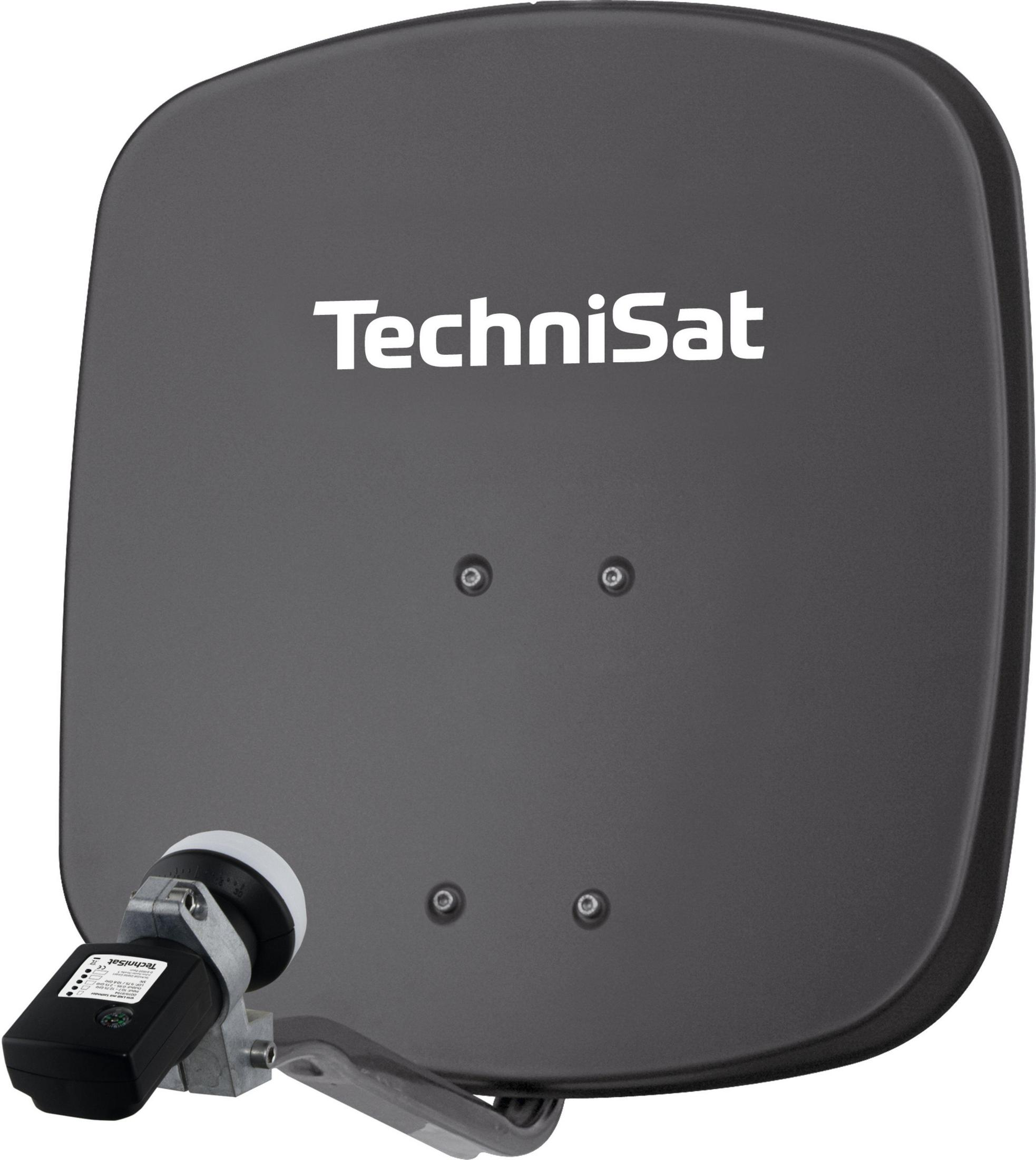 Schwarze Satellitenschüssel mit weißem Logo und schwarzem LNB. Grauer Hintergrund.