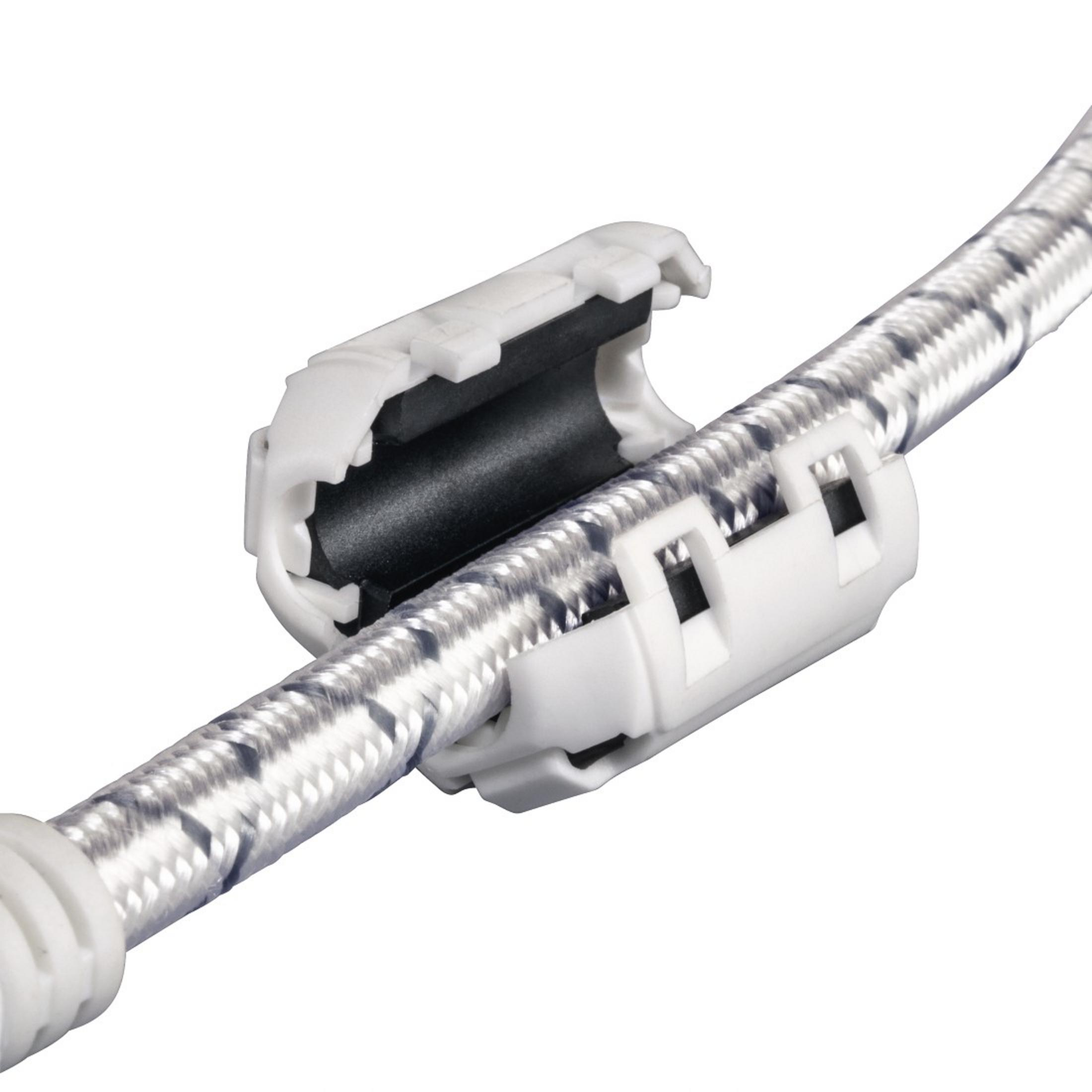 Weißes und schwarzes Kabel mit einem weißen und schwarzen Kabelclip.
