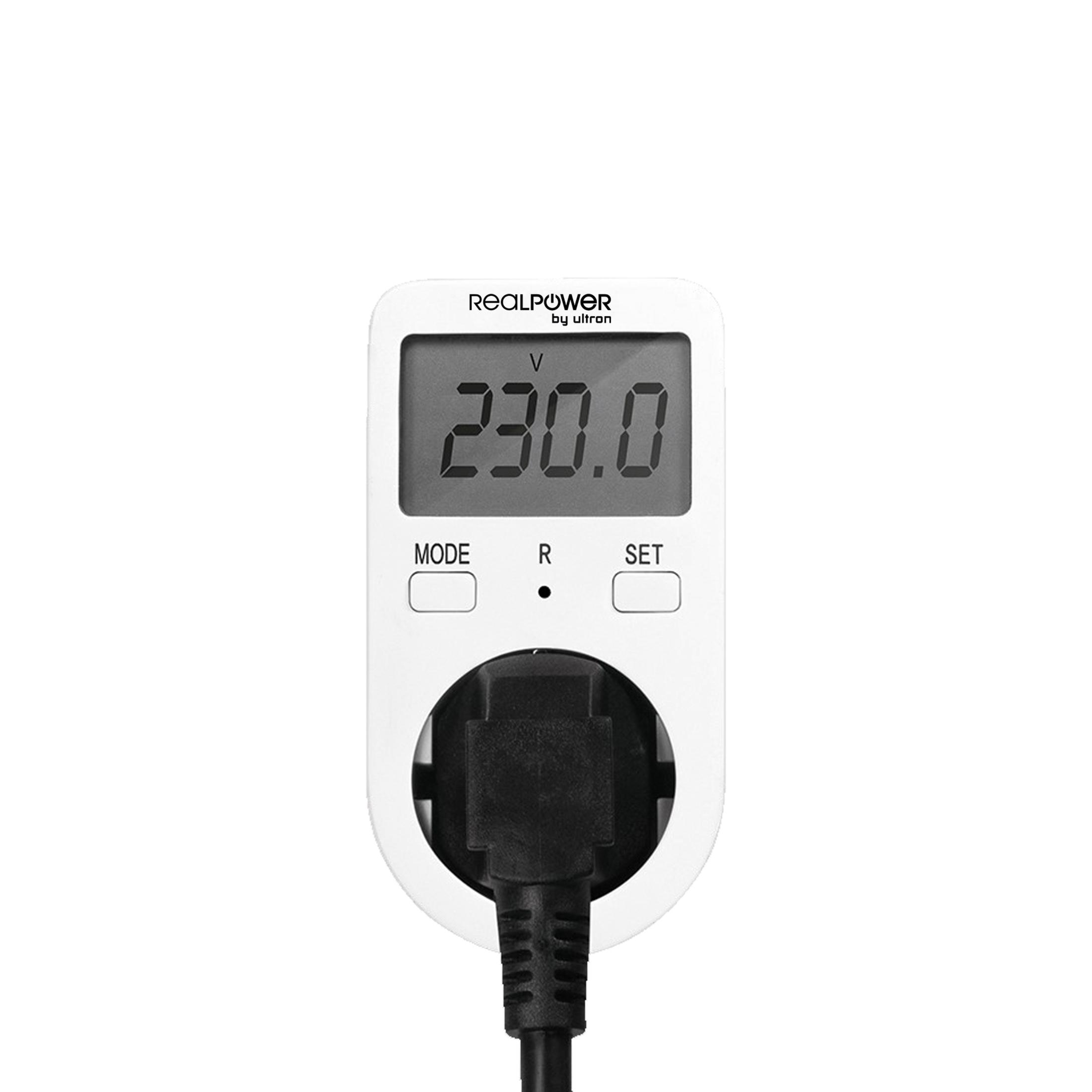 Weißer Stromzähler mit schwarzem Stecker und Display.