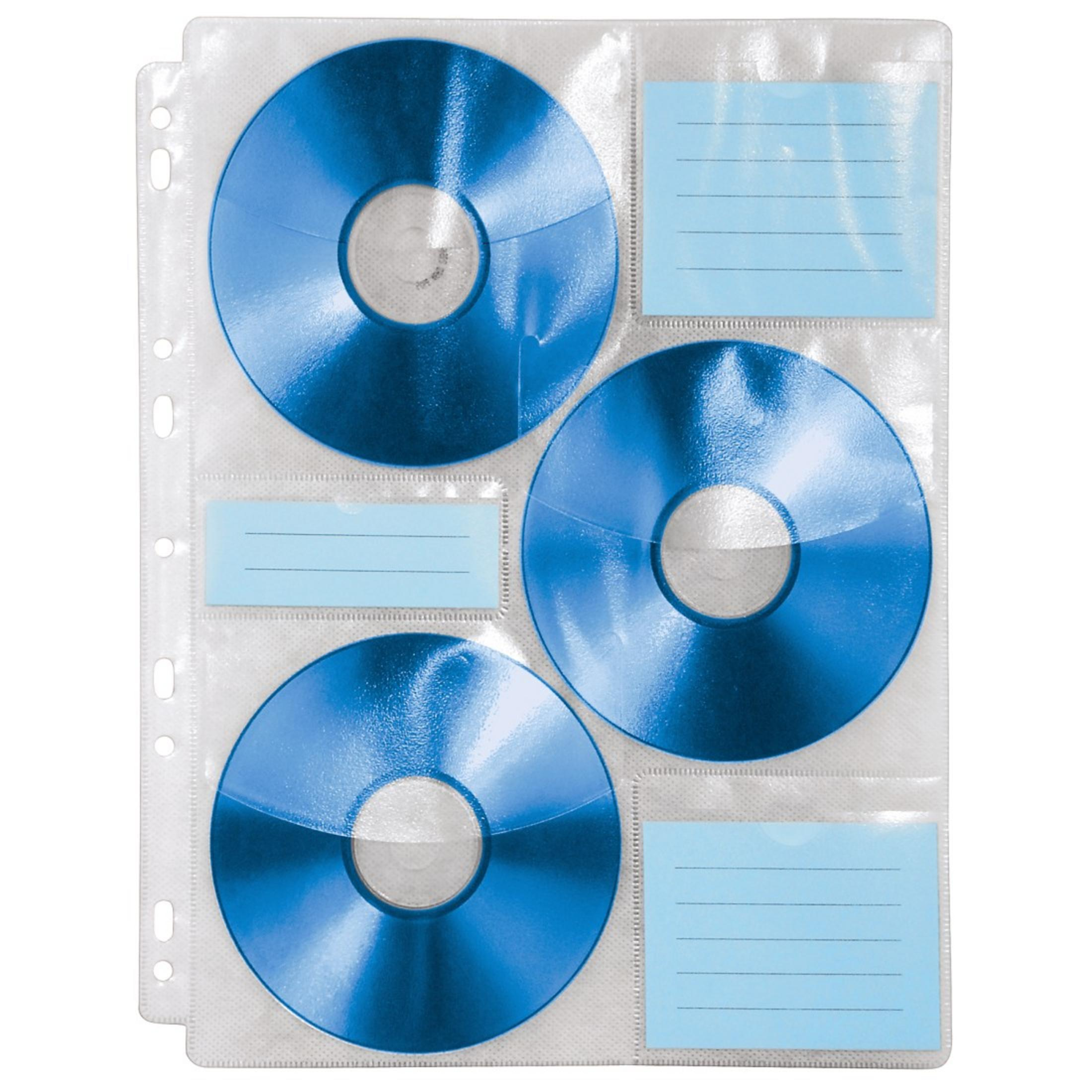 Eine transparente Kunststofffolie mit drei blauen CDs und drei Etiketten.