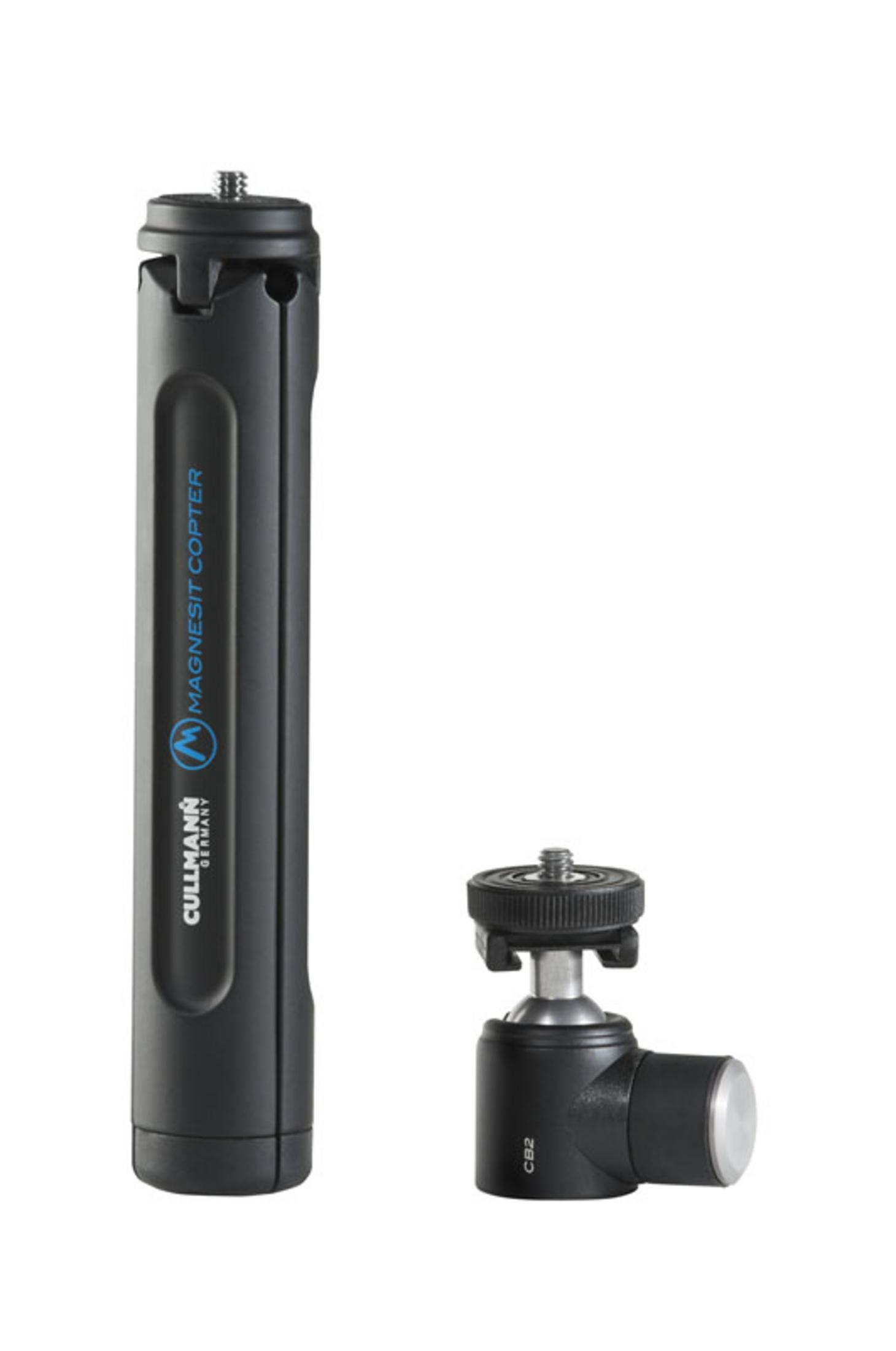 Een zwarte monopod en balhoofd. Merk is CULLMANN. De monopod heeft een draaislot.