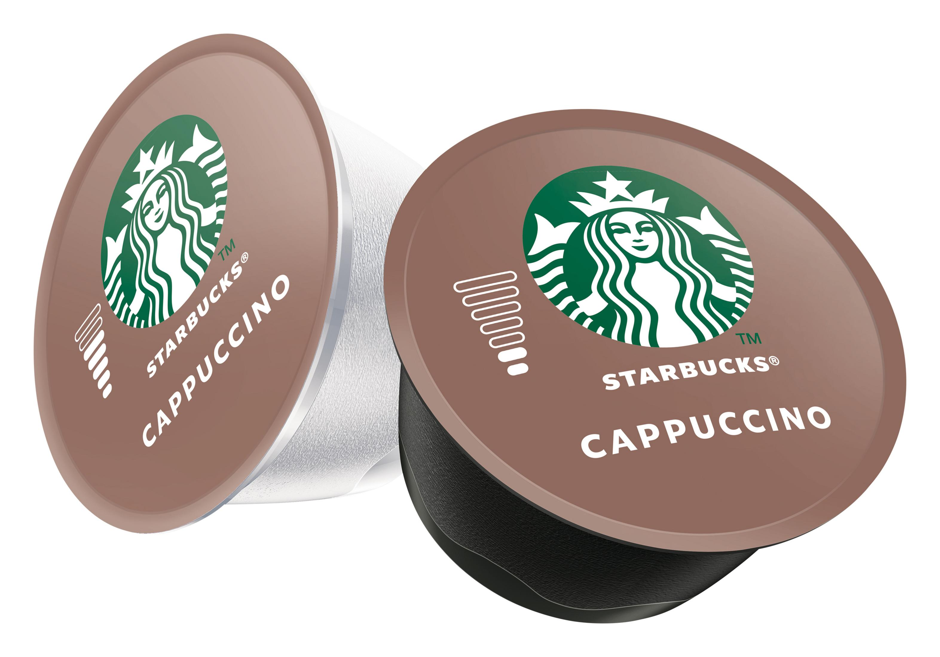 Due capsule di caffè cappuccino Starbucks. Marrone con il logo e il testo Starbucks. Sfondo bianco.