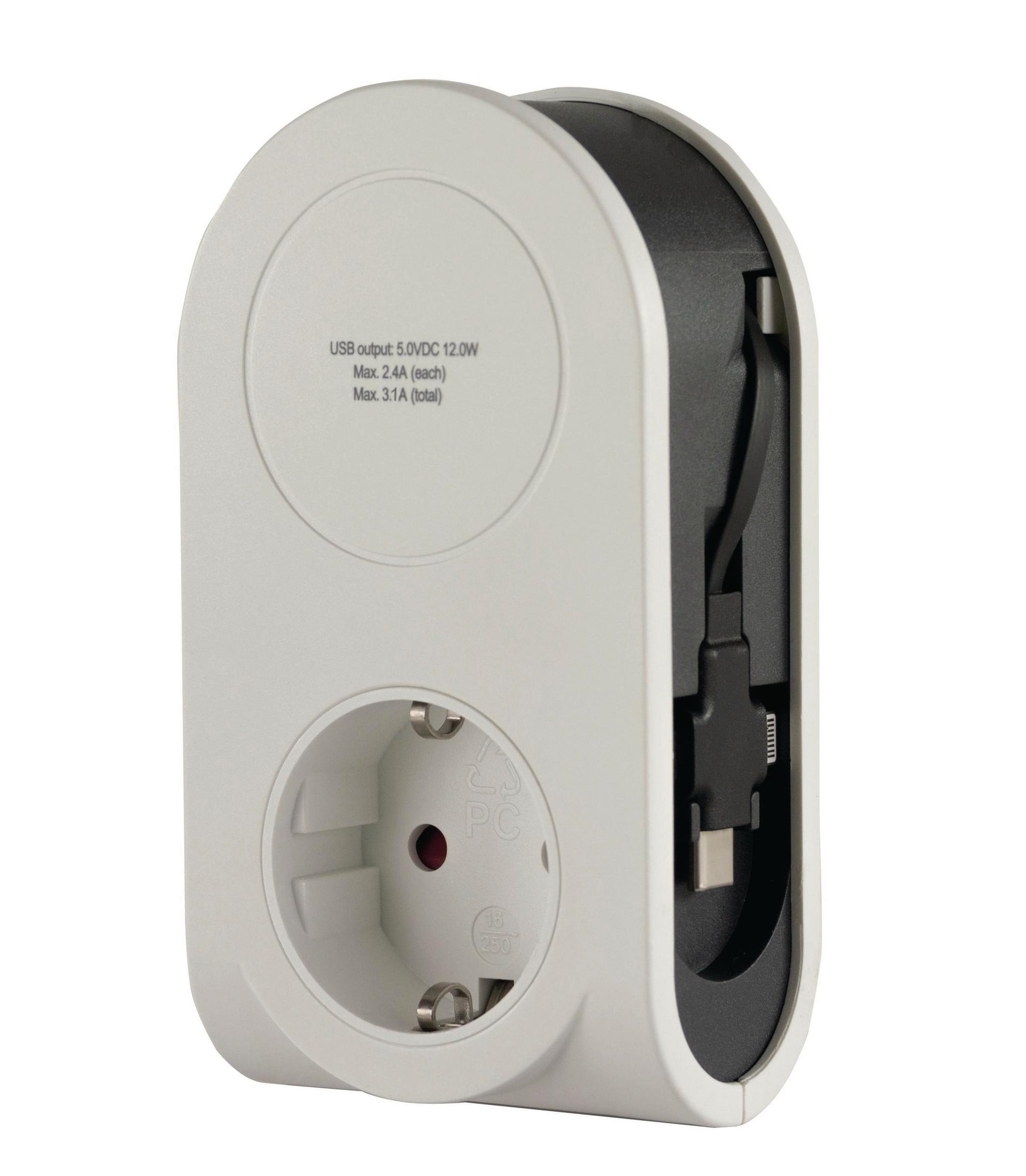 Un adattatore di alimentazione bianco con spina e porte USB.