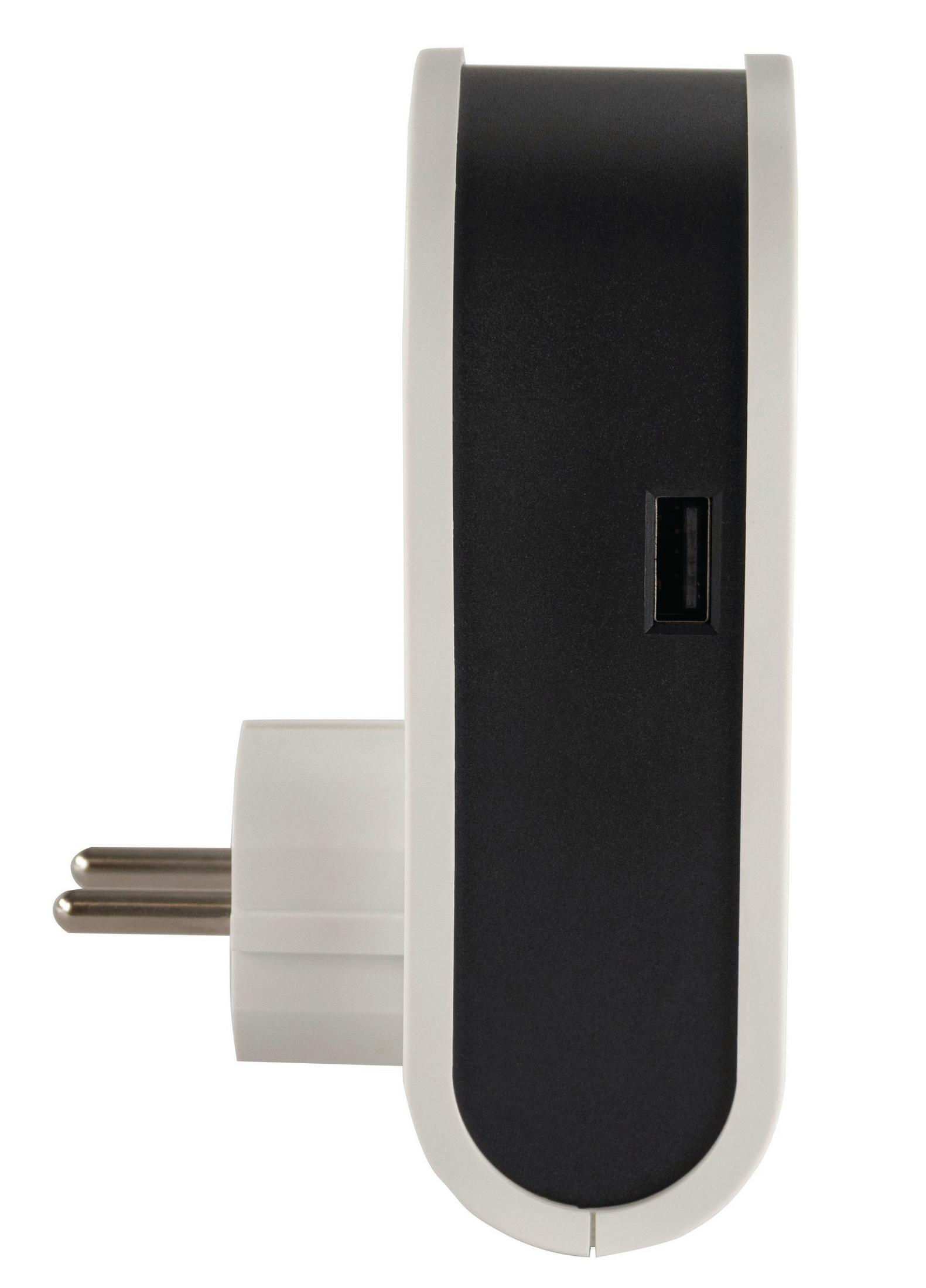 Un adattatore di alimentazione bianco e nero con porta USB e spina di tipo europeo.