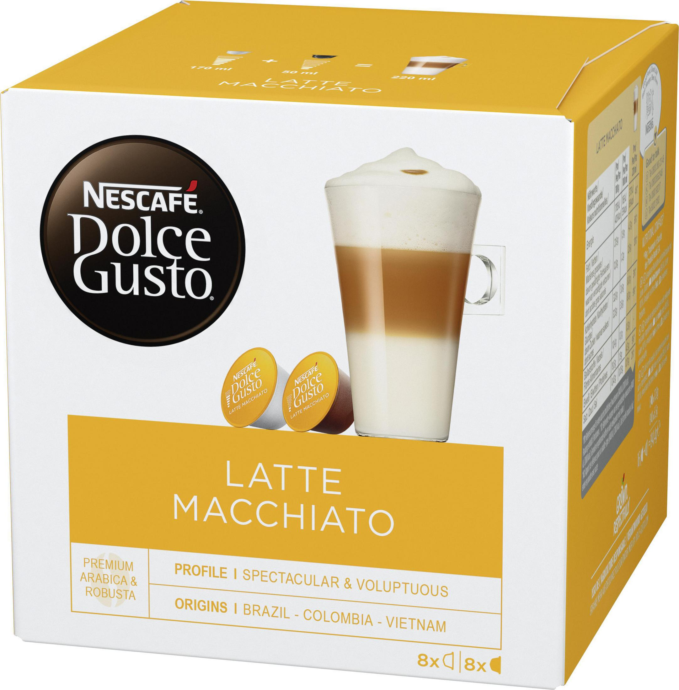 Schachtel mit Nescafé Dolce Gusto Latte Macchiato, mit einem Kaffeetassen-Bild.