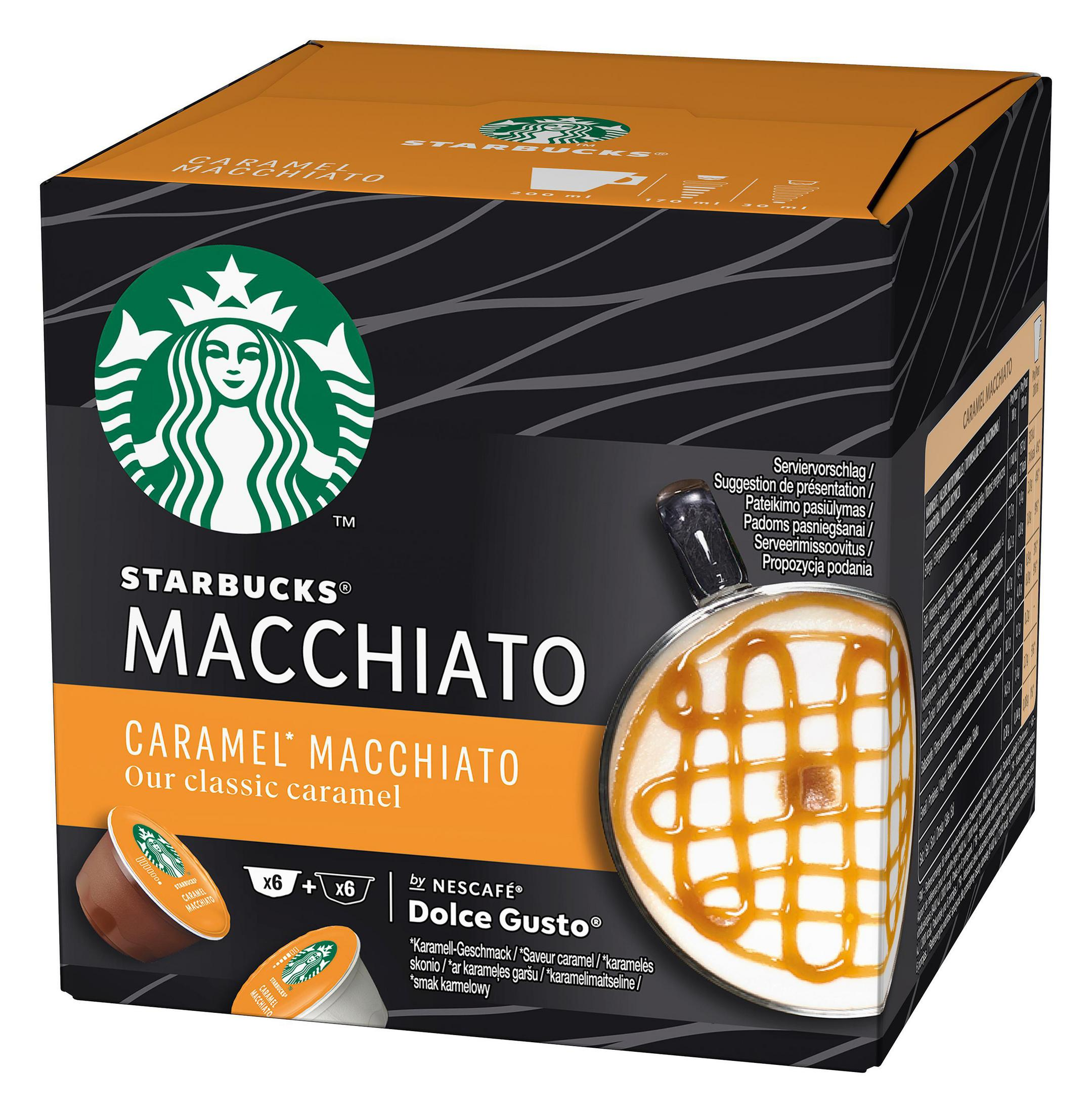 Scatola Starbucks Caramel Macchiato con cialde di caffè e immagine della bevanda su bianco.