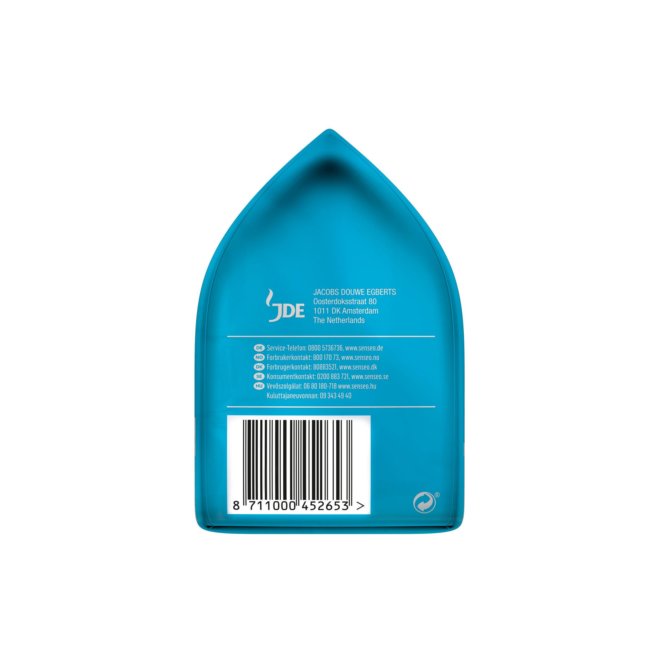 Un contenitore blu a forma di scudo con un codice a barre e informazioni sul prodotto.