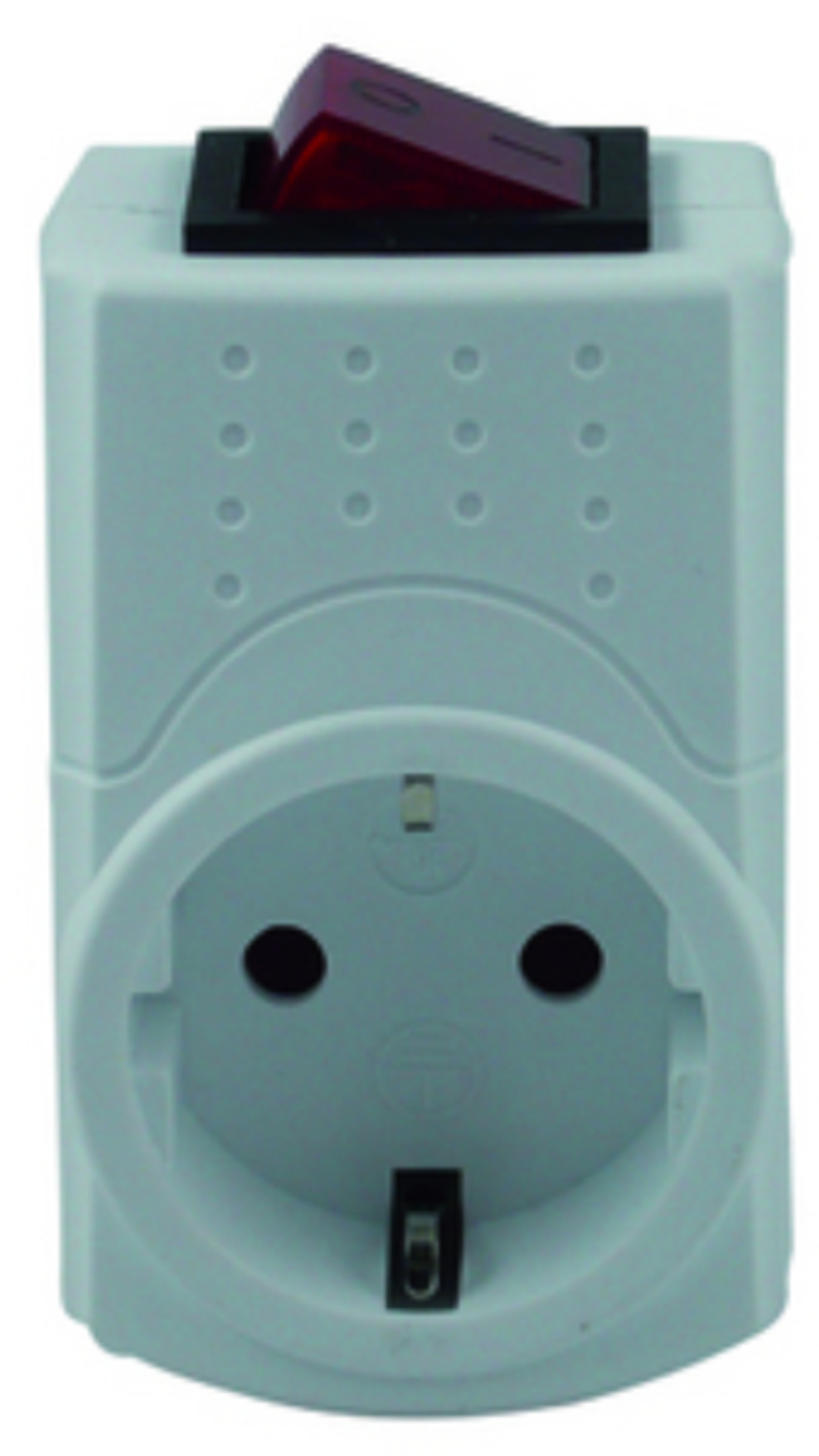 Ein weißer Steckeradapter mit rotem Schalter. Er hat einen Eurostecker und eine Steckdose.