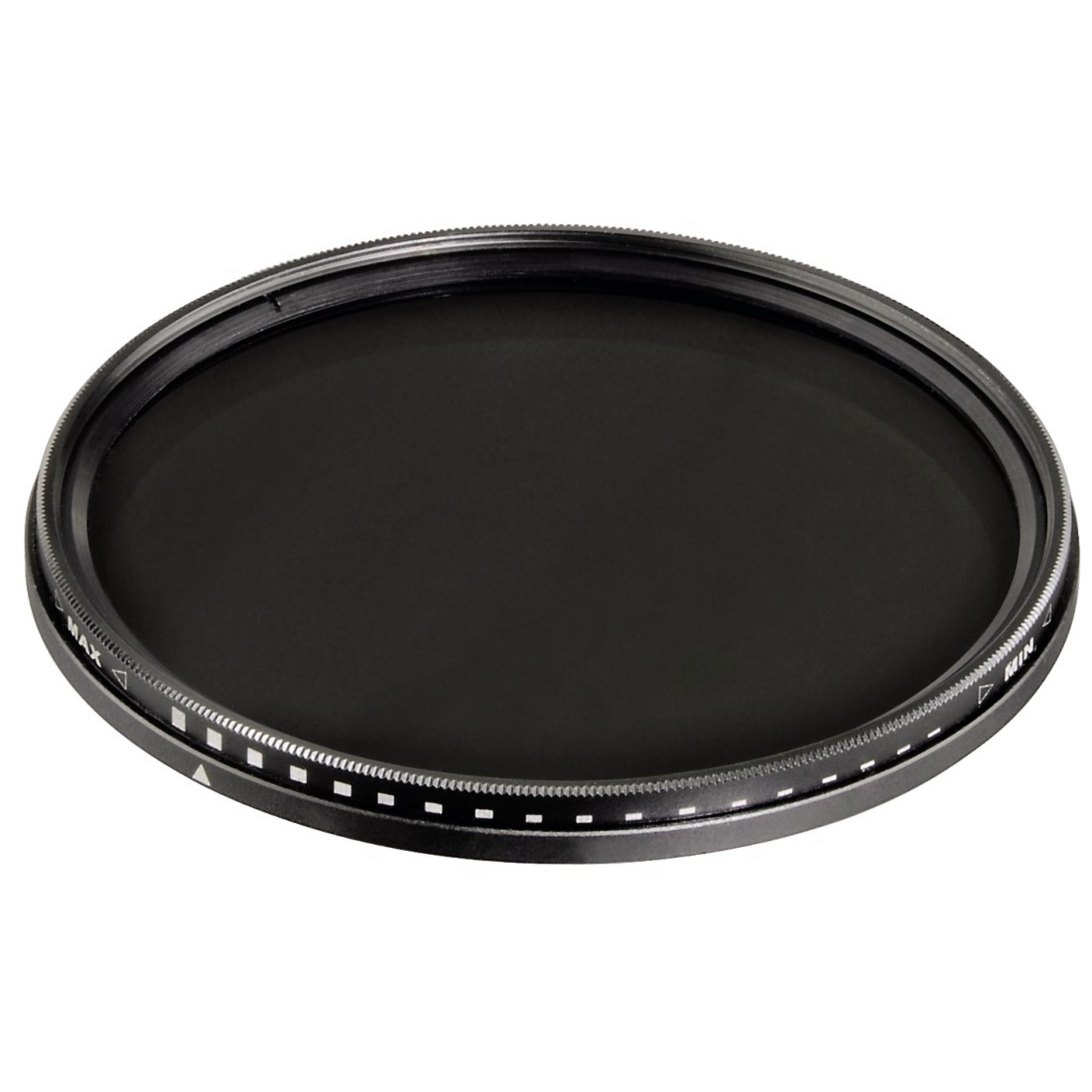 Filtro per fotocamera nero circolare con cornice metallica zigrinata. Il filtro è al centro.