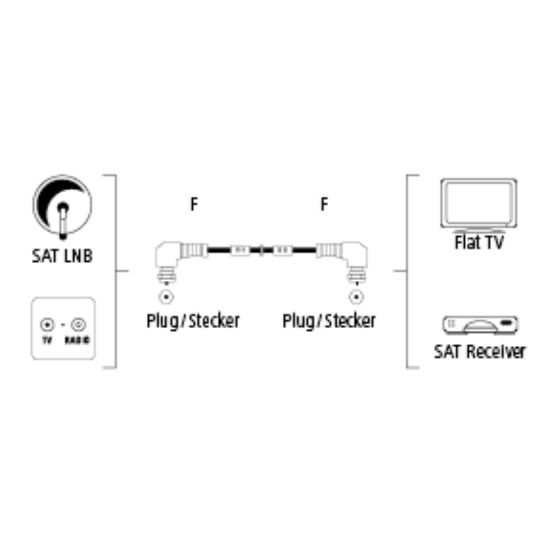 Ein Diagramm, das eine Satellitenschüssel, einen Empfänger und einen Fernseher zeigt, die durch Stecker und Kabel verbunden sind.