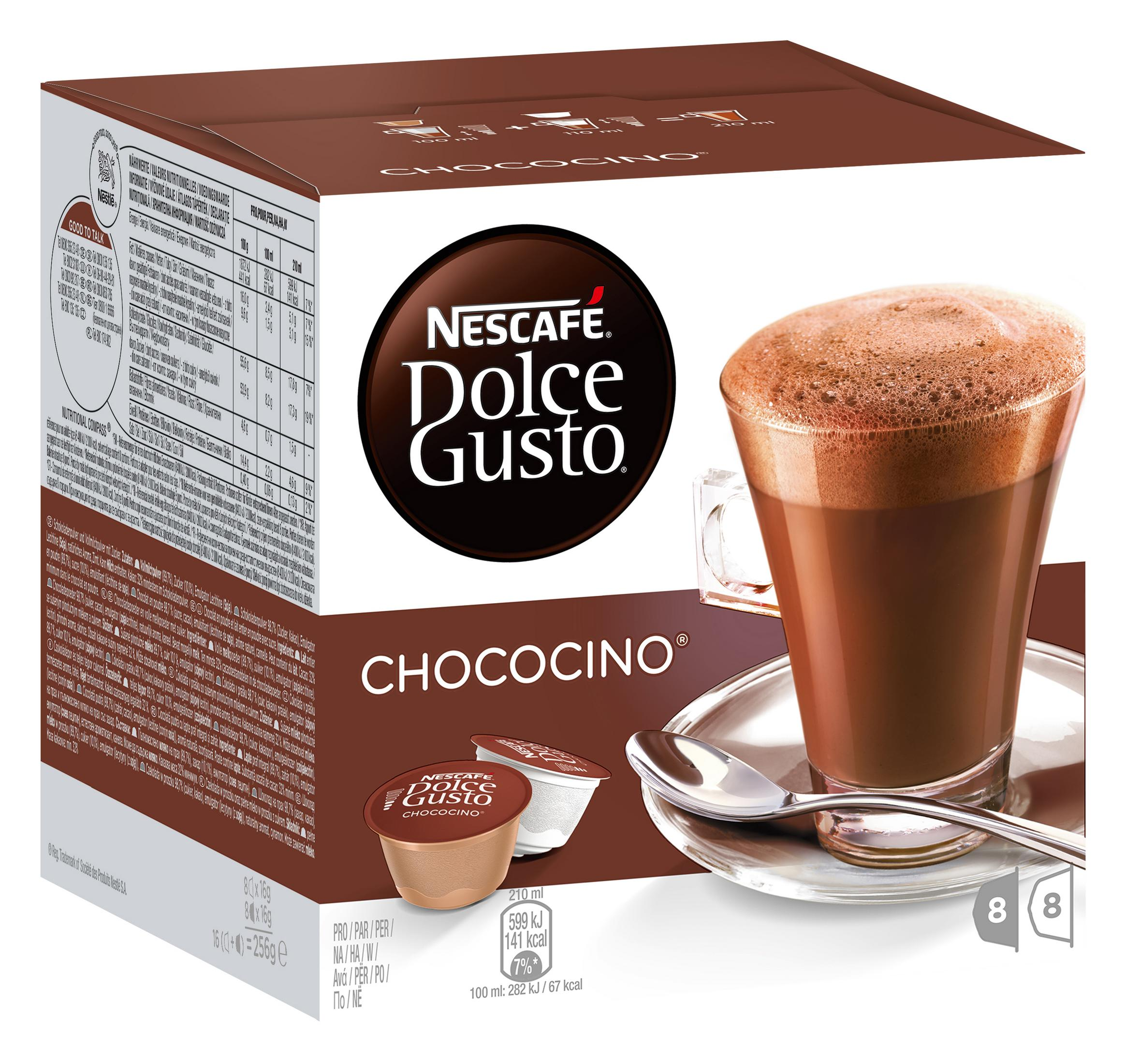 Nescafe Dolce Gusto Chococino Box mit Tasse und Kapseln.