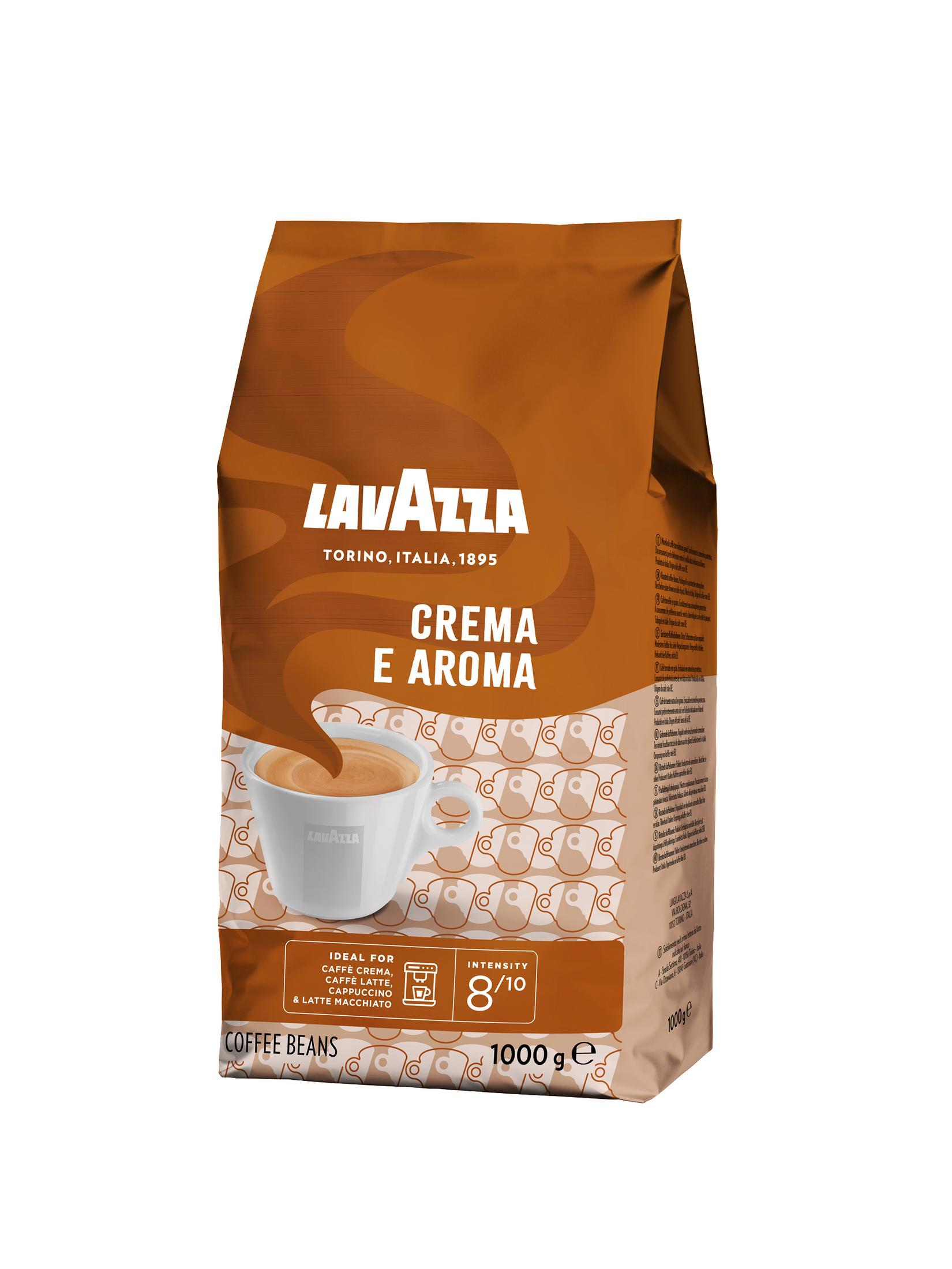 Lavazza Kaffeetüte, braun, mit Kaffeetassen-Bild und Text 'Crema e Aroma'.